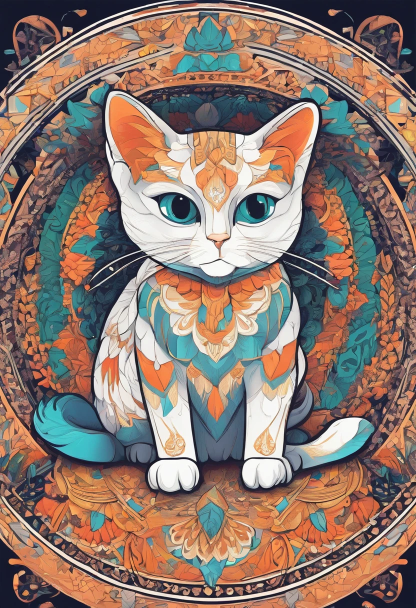 vibrant color drawing of a simple cute Cat based mandala