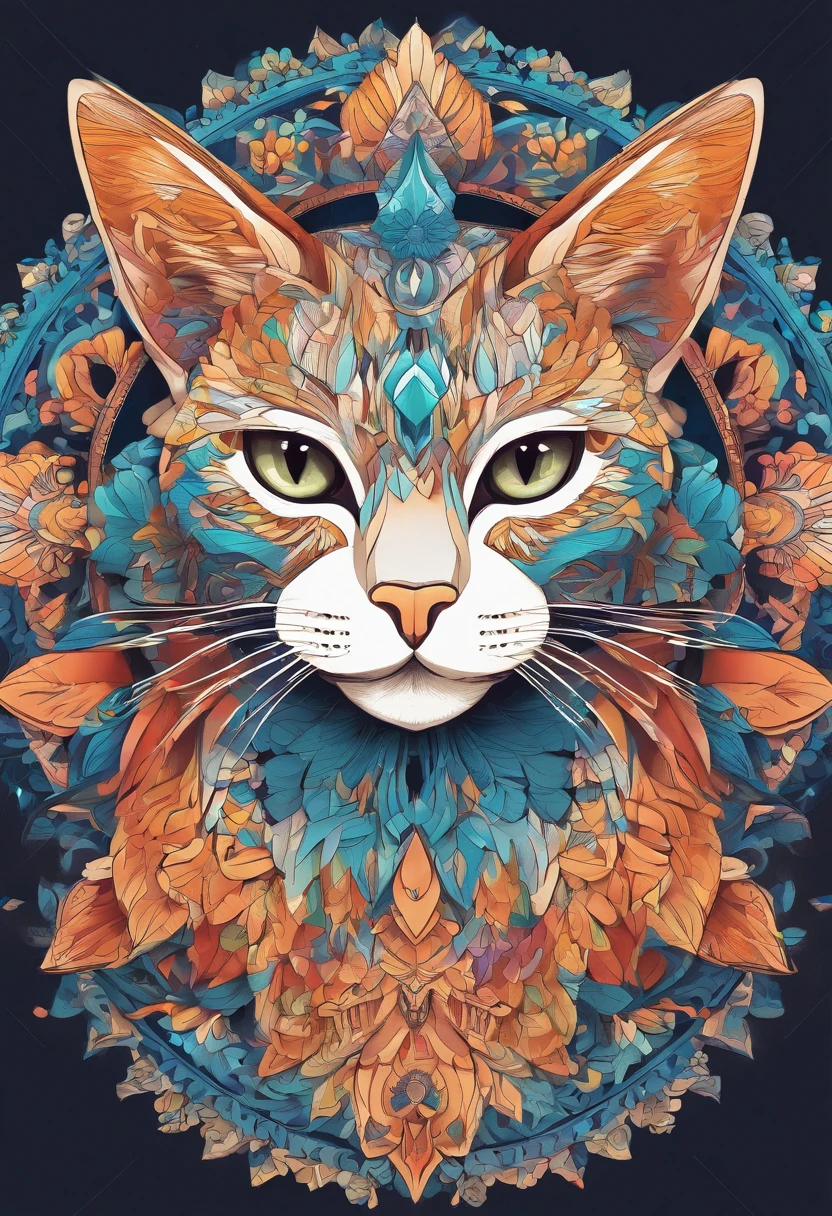 vibrant color drawing of a simple cute Cat based mandala