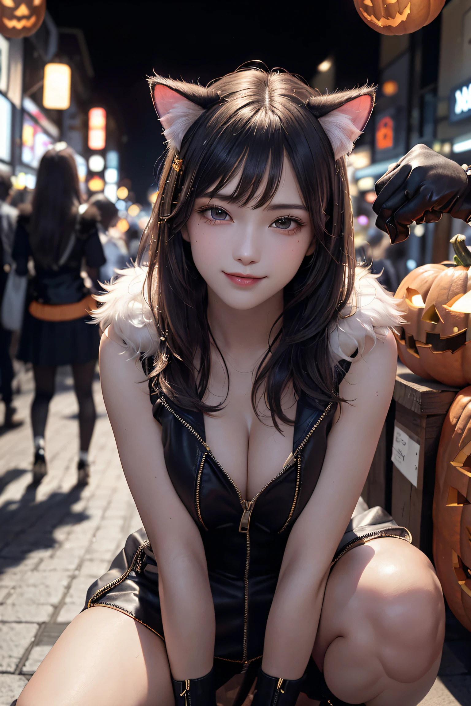 masterpiece, top-quality, top-quality, Beautifully Aesthetic:1.2, 1girl, party night, ((Wearing a high-quality sleeveless zip shirt, gloves of cat, cat ear, fur miniskirt):1.2), high detailed, (((Zips Full opened:1.3))), (Gentle smile:1.2),
BREAK
(squatting with hand between legs:1.3), (large breasts:1.3), (Cleavage:1.2), firm breast, nicely shaped breasts, slender figure, ((No bra)),
((Dark Brown Hair)), wavy hair, ((short hair:1.2)),
((in A modern street of decorated for Halloween in Shibuya at late night:1.2)), (Upper body shot:1.1), (From below), (Focus on face:1.1), ((looking at viewer:1.2)),