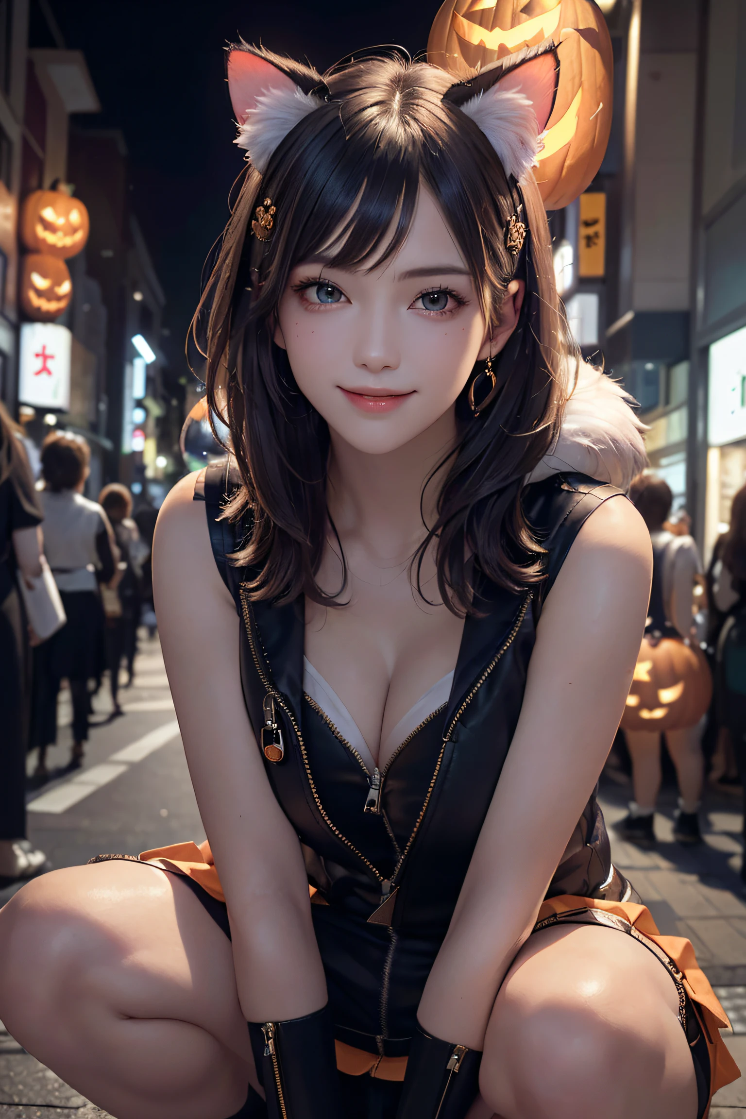 masterpiece, top-quality, top-quality, Beautifully Aesthetic:1.2, 1girl, party night, ((Wearing a high-quality sleeveless zip shirt, gloves of cat, cat ear, fur miniskirt):1.2), high detailed, (((Zips Full opened:1.3))), (Gentle smile:1.2),
BREAK
(squatting with hand between legs:1.3), (large breasts:1.3), (Cleavage:1.2), firm breast, nicely shaped breasts, slender figure, ((No bra)),
((Dark Brown Hair)), wavy hair, ((short hair:1.2)),
((in A modern street of decorated for Halloween in Shibuya at late night:1.2)), (Upper body shot:1.1), (From below), (Focus on face:1.1), ((looking at viewer:1.2)),