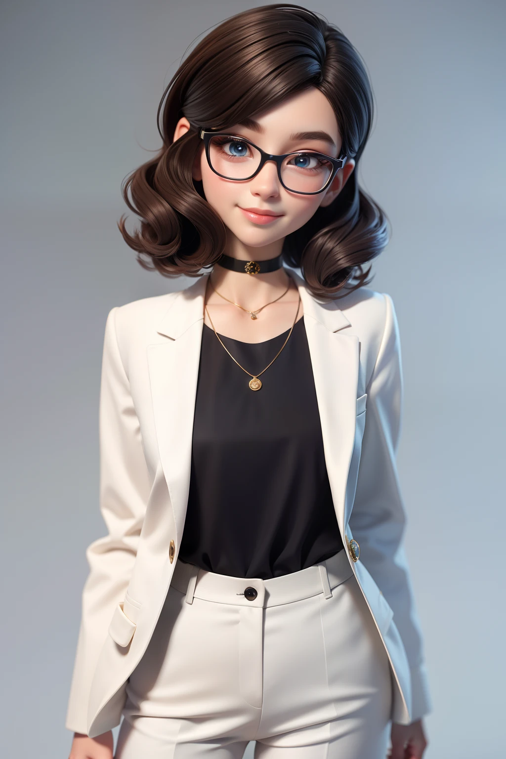 tmasterpiece, best qualityer, 。.。.。.3d rending work, 。.。.。.3DMM style, Close-up, sportrait, 。.。.。.3D, 1girll, ssmile，wears glasses，Solo, （Brunette long hair 3.2）, choker necklace, freckle, jewely,, Look at the camera, realisticlying, The upper part of the body, （White suit 1.2）Simple background and white, rim, looks away, short  hair, separated-lips, greene eyes,gotik, choker necklace, putting makeup on