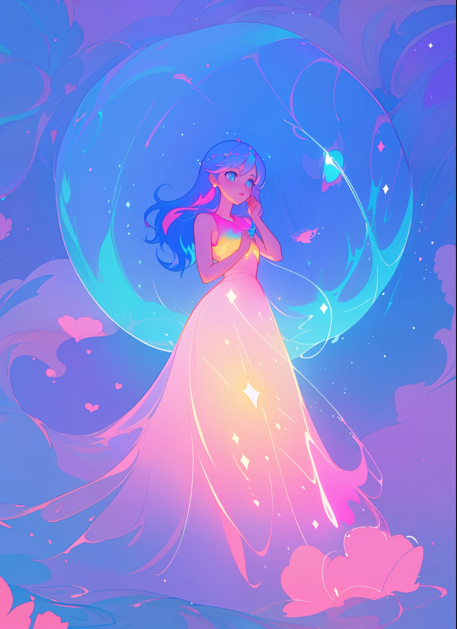 beautiful anime girl in colorful liquid dress, vibrant pastel colors, (colorful), magical lights, sparkling lines of light, inspired by Glen Keane, inspired by Lois van Baarle, disney art style, by Lois van Baarle, glowing aura around her, by Glen Keane, jen bartel, glowing lights! digital painting, flowing glowing hair, glowing flowing hair, beautiful digital illustration, fantasia background, whimsical, magical, fantasy, beautiful face, ((masterpiece, best quality)), intricate details, highly detailed, sharp focus, 8k resolution, sparkling detailed eyes, liquid watercolor