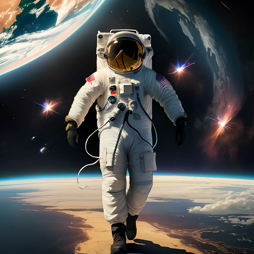 A astronaut walking into a large triangular portal in space
