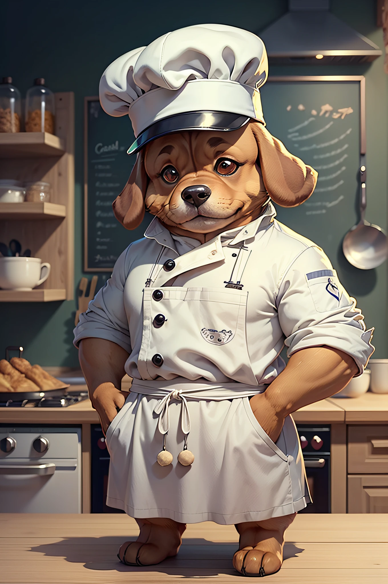 C4tt4stic,Cartoon in cooking of a French chef、Anthropomorphic dachshund dog(Saggy ears、Chef hat、White workwear)