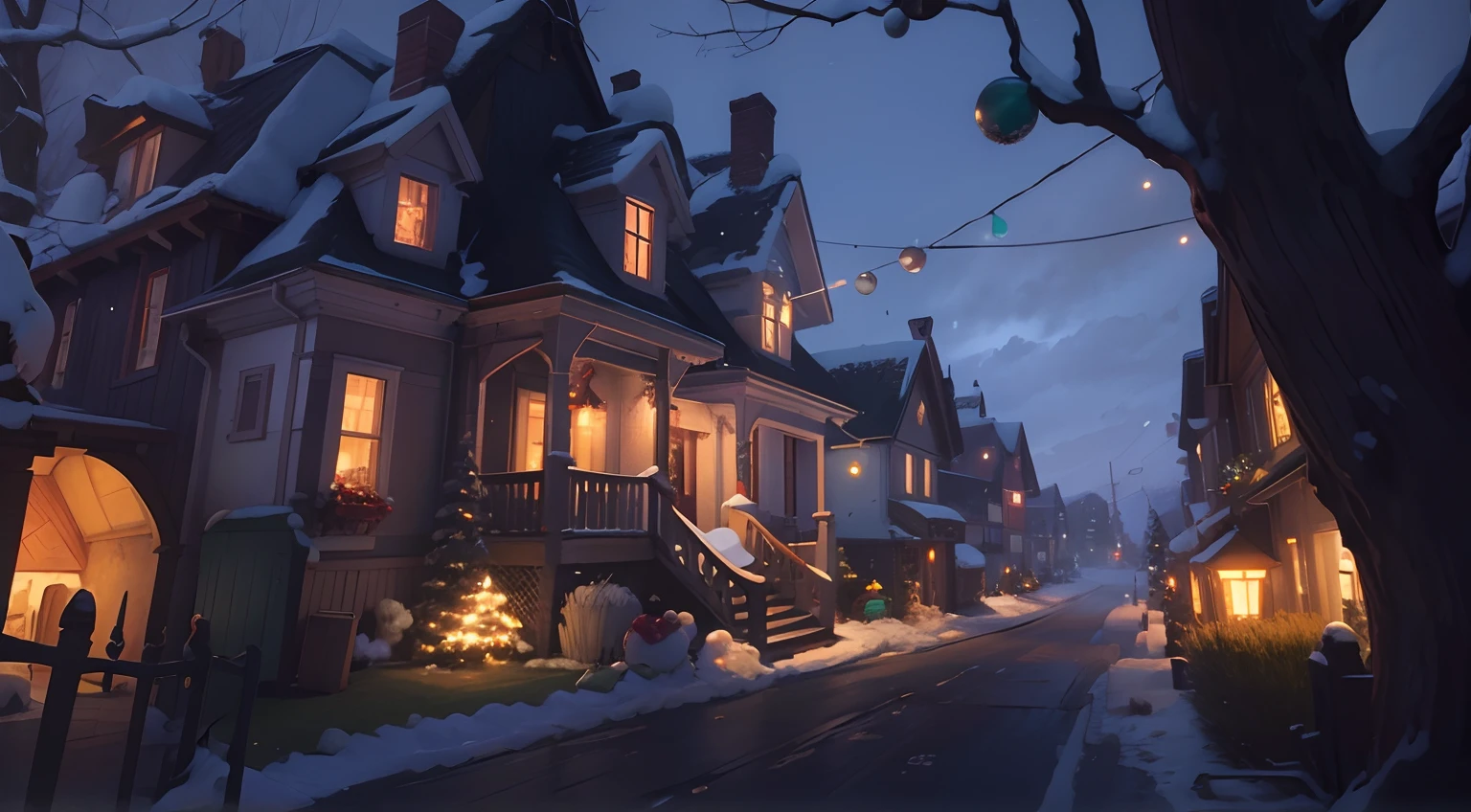 Christmas scene,There are some Christmas trees and snowmen in front of the door