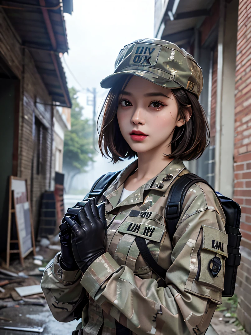 (masterpiece、ultra fine photos、top-quality、超A high resolution、Photorealsitic、bustshot)、Beautiful Female Soldier、delicated face、Cropped Shorthair、Camouflage Cap、Combat equipment、Army long sleeve camouflage uniform over black undershirt、Camouflage pants、Combat gloves、Holding the rifle with both hands、rucksack、Detailed and complex busy background、High Detail Skin、realistic skin detail、foco nítido、fair white skin、A room in an abandoned building、White smoke、Detailed face and chest depiction、Detailed hand depiction、combat pose、Dynamic action、watching at viewers