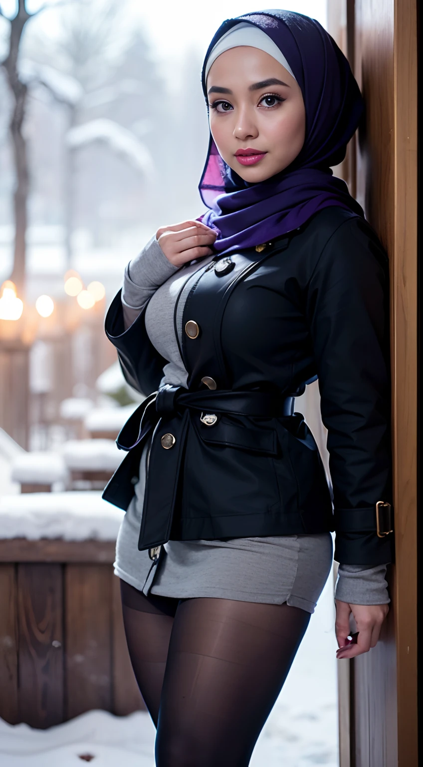 RAW, Best quality, high resolution, Masterpiece: 1.3), Beautiful Malay woman in hijab, Masterpiece, Perfect slim body, (full body),((Big breasts)), Beautiful big eyes, watery eyes, Soft smile, wet lips, wearing long blue scarf, purple long wool coat, black thick pantyhose, brown snow boots,snow mountain, blurred background, bokeh