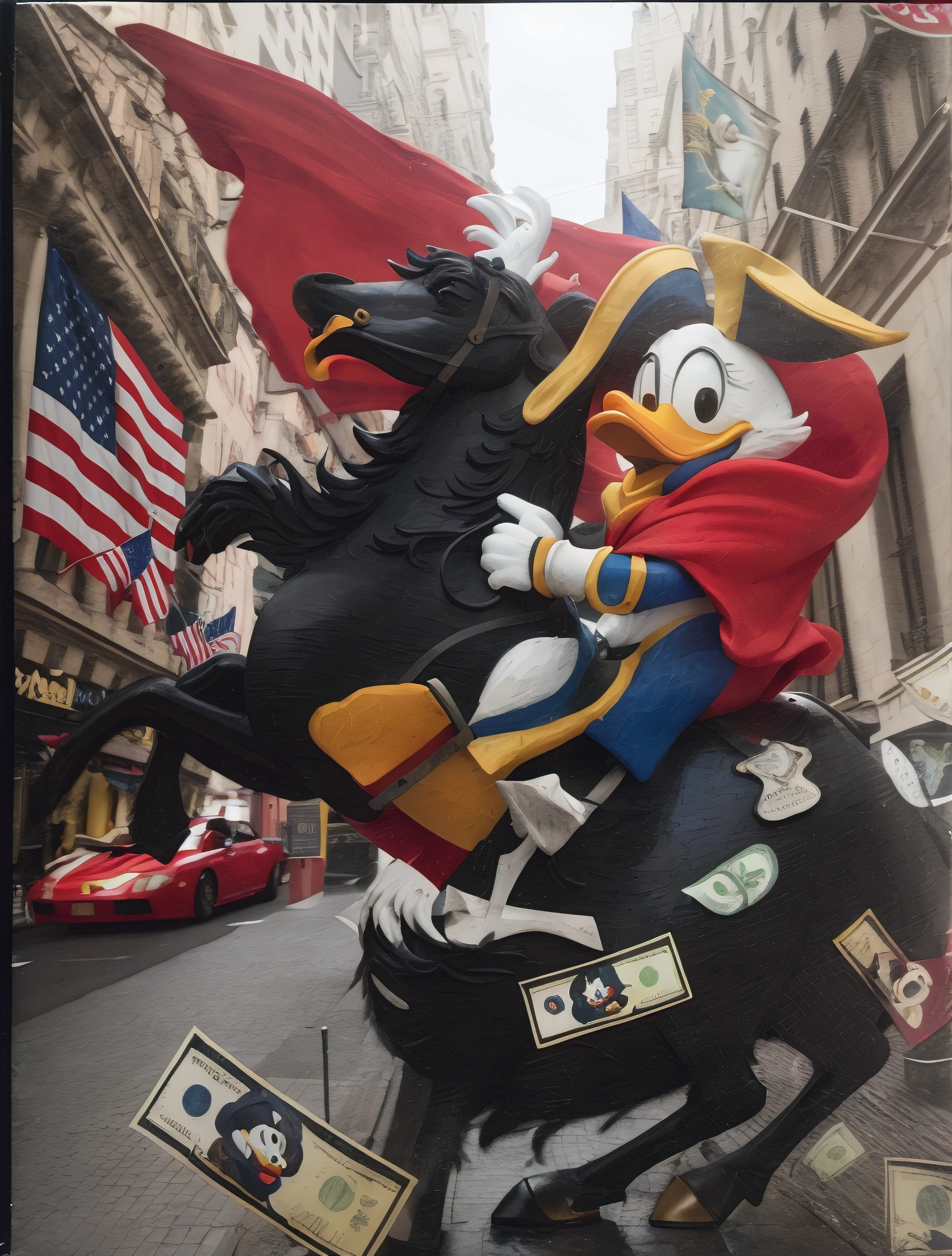 Image of a statue of Donald Duck riding a royal black horse with flying money, inspired by Jacob Duck, par Eddie Mendoza, Donald Duck, Donald Duck dans la vraie vie, Clown capitaliste, inspired by Carl Barks, album artwork, par Derek Zabrocki, par Jacob Duck, par Pogus Caesar, super riche heureux Pepe, exhiber sa richesse, Illustrative New York Street top details Arafed statue of Donald Duck riding a horse with a flag on it, Donald Duck, Dans la Parade Macys, Goofy, Donald Duck dans la vraie vie, inspired by Jacob Duck, canard daffy, inspired by Carl Barks, Donald Duck: un astronaute, Disney 1 9 9 0, United States-seven. 20, closeup shot, 1 9 8 9 Disney, morocco flag, texture monaliza