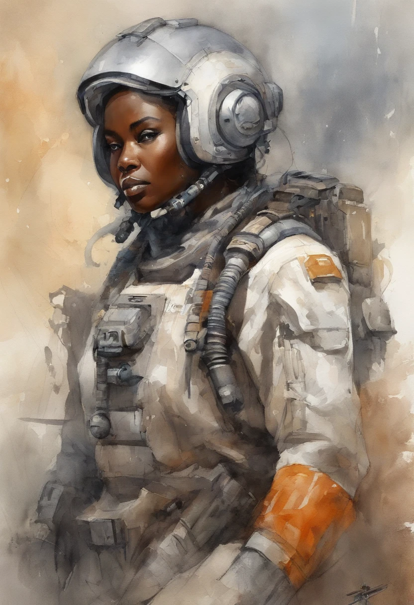 mech pilot, female, dark skin, white hair, tired, rule of thirds, high-quality background, ultra-detailed scenery, ultra sharp focus, perfect professional photo, covered face