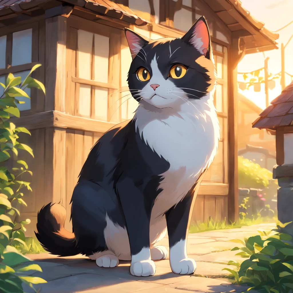 "Generate ultra-high-definition images of chic cats, Classic Cat Pose. Using advanced macro photography techniques、Highlights the intricate details of the cat's coat, mustaches, And expressive eyes.

Place the camera at the cat's eye level, Create an intimate connection between the viewer and the cat subject. Implement a wide aperture for a shallow depth of field, Make the cat stand out clearly against a gently blurred background.

Improve lighting to emphasize the texture and contours of the cat's body, Using the software, Remove coarse shadows、, cosy atmosphere.

Catch a cat in a relaxed position, But balanced, Show your flexibility and elegance. Try to capture the moment in natural movement, Stretching, grooming, etc., To convey a sense of authenticity.

Implement post-processing techniques to improve image clarity, contrast, and color balance, Secure all aspects, From the intricate patterns of cats to their intense gazes, Rendered in stunning detail.

Finally, convey the gentle beauty and innate grace of the cat,, Capture fleeting moments celebrating the unique essence of a cat's curiosity and balance." ((Background: British Village)), ((golden hour light)), ((majestic)), ((tuxedo-cat)), ((kitten)), ((black-white cat)),