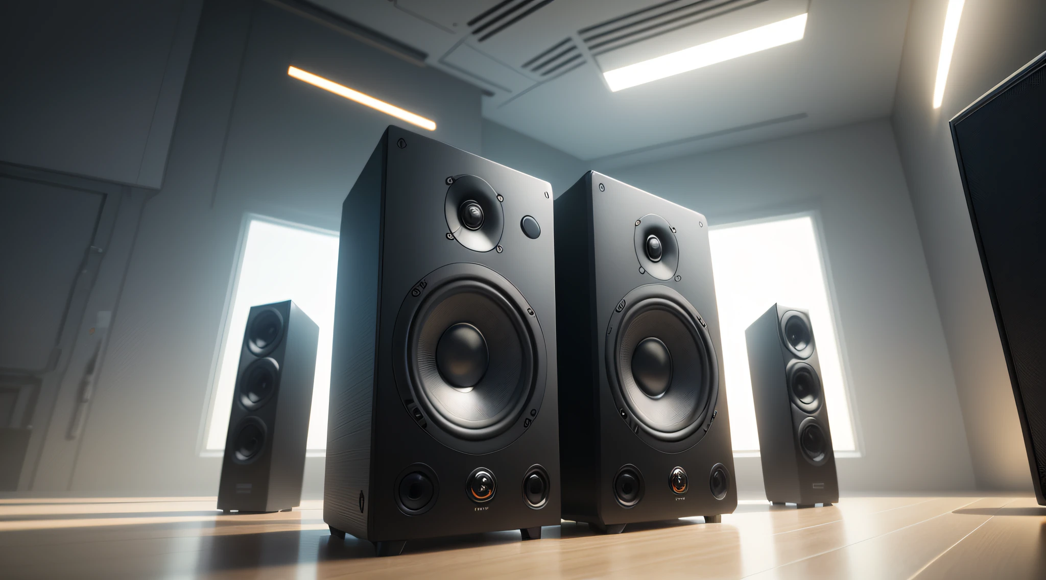 Modern high-quality speakers with a stylish feel, modern commercial style in a sci-fi setting, autofocus, highest detail, highest rendering, ray tracing, anisotropic filtering, 8K UHD images, images are vertically synchronized, deep learning supersampling, deep learning antialiasing, intelligent light and shadow distribution, rendering of images using Unreal Engine 5