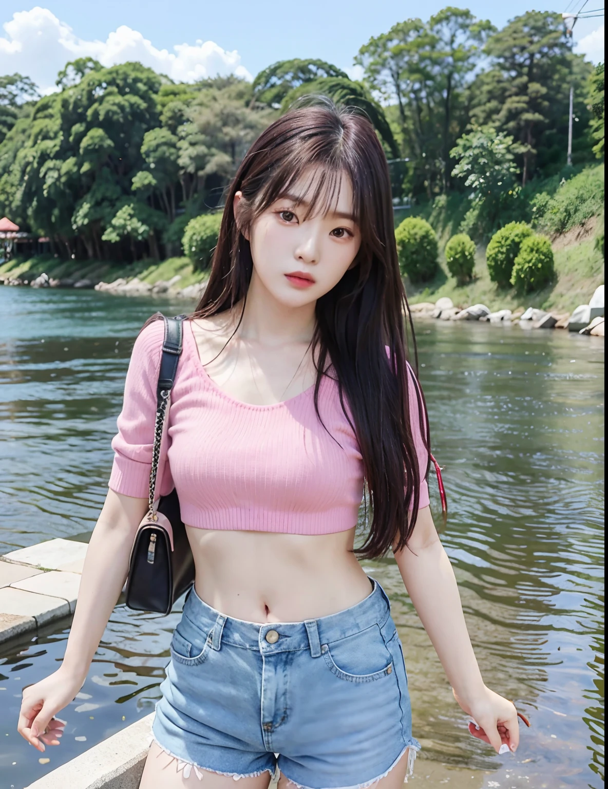 araffe asian woman in pink top and blue shorts posing for a picture, korean girl, jaeyeon nam, beautiful south korean woman, gorgeous young korean woman, beautiful young korean woman, a young asian woman, 19-year-old girl, korean woman, bae suzy, young asian girl, jinyoung shin, photo of slim girl, young and cute girl