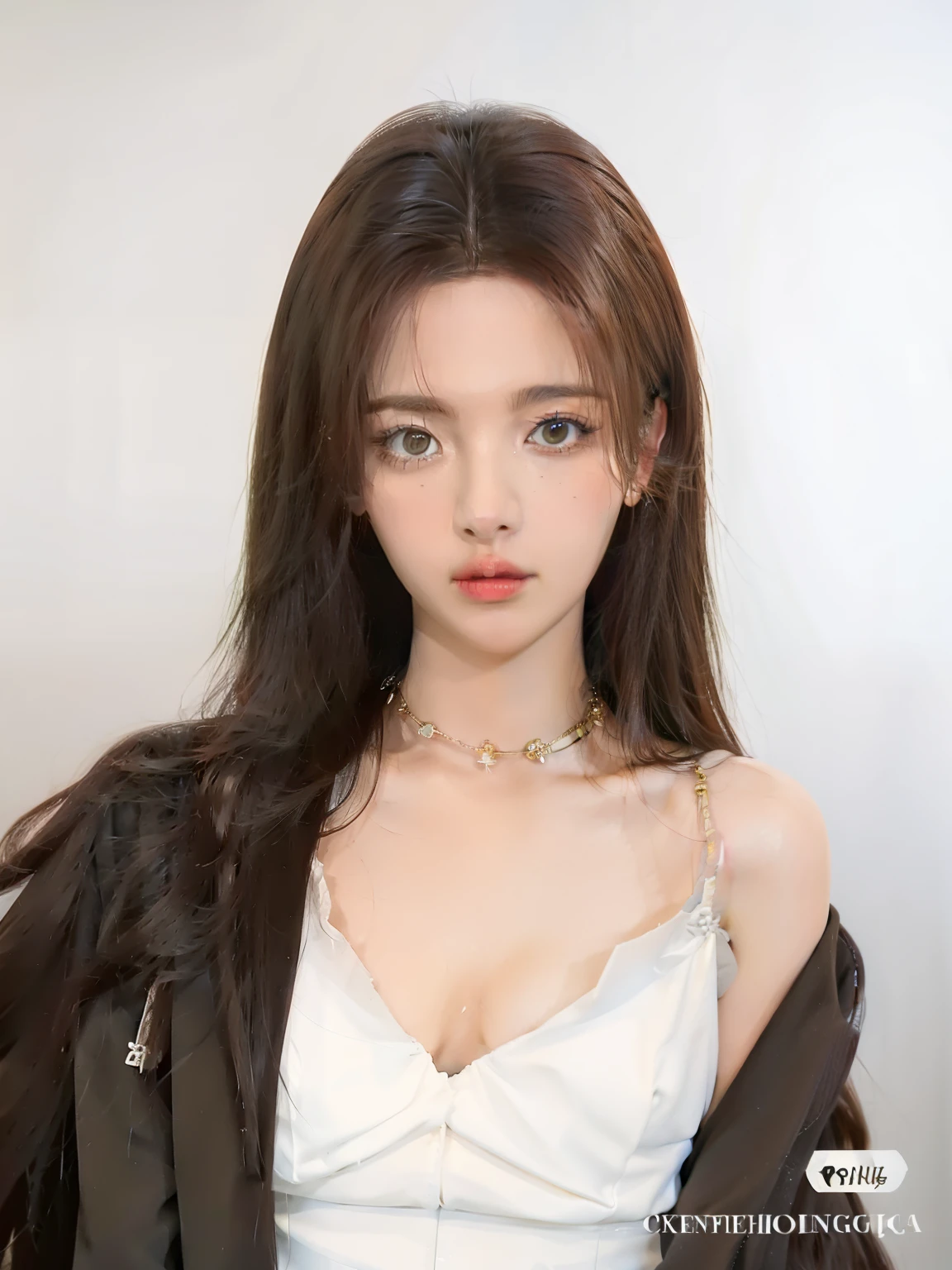 Woman with long brown hair wearing a white blouse and a brown jacket, usando gargantilla, Foto de Slim Girl Model, Retrato de Jossi de Blackpink, modelo Elisa Hess s de acquamodels, ulzzang, Taejune Kim, Jossi de Blackpink, Jinyoung Shin, gargantilla alrededor del cuello, Modelo muy bonita, gargantilla perla