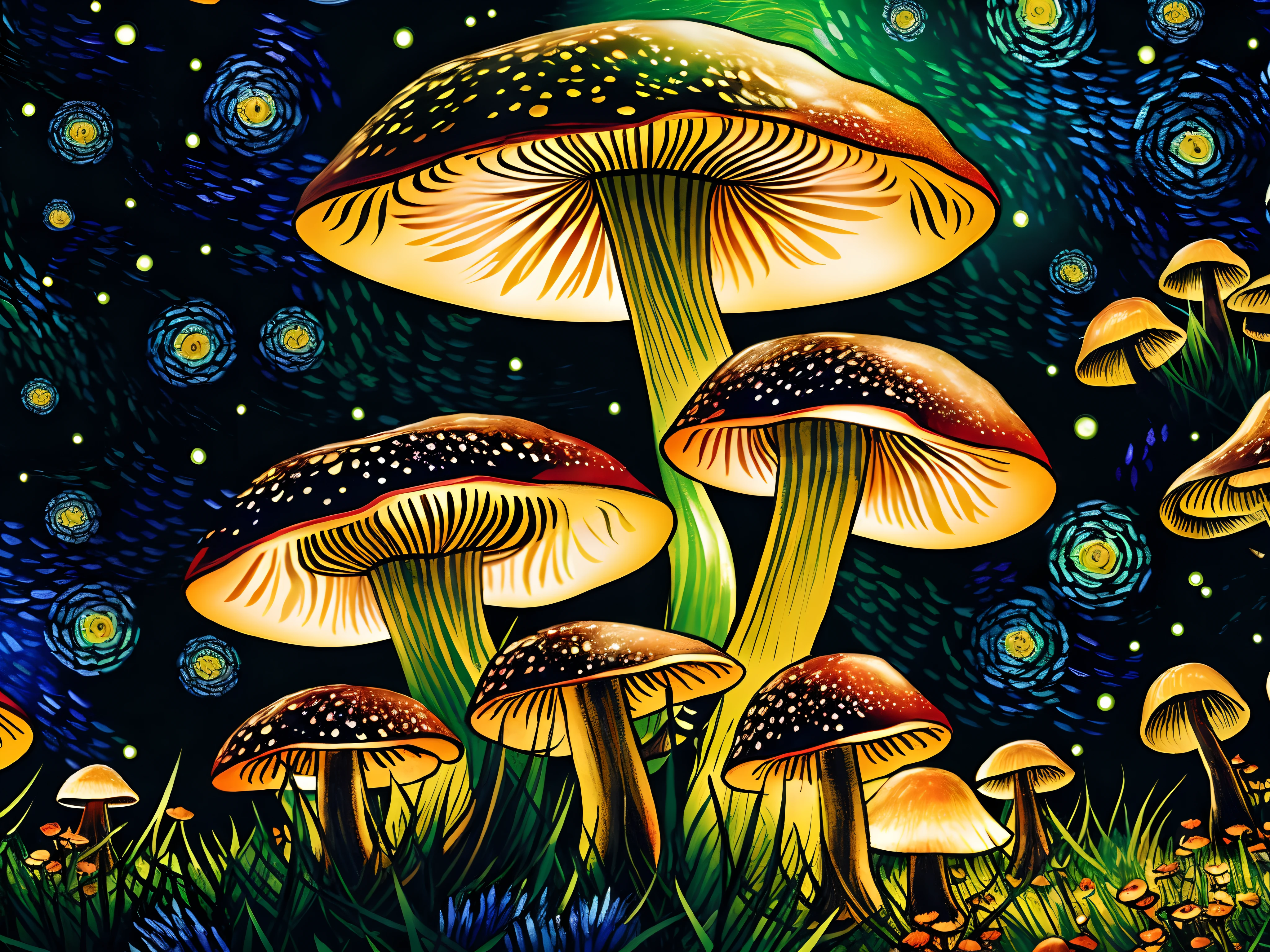 Cogumelos，Van Gogh style，glowing mushrooms，Night Forest，Fireflies are flying，psychedelic style，Dream mushrooms，Mushroom forest，fantasy scenery，ultraclear，4K，Fantastic hand drawn style