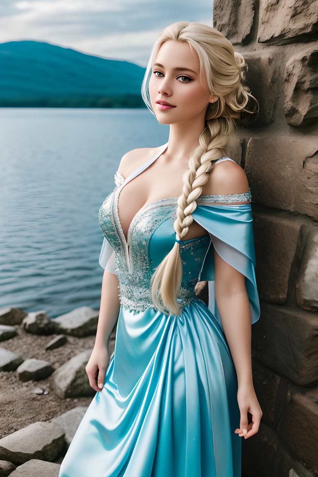 1girl in, 19, Solo, Long single blond braid, messy wind blown hair, blond hair, Full body, Colossal tits, DD-cup, standing outside by lake, standing on cobblestone path, (extremely detailed 8k wallpaper), soft lighting, high quality, film grain, Fujifilm XT3 sharp focus, f 5.6, 50mm, High Detail, Sharp focus,(outdoor light), day lighting, (seductive), wearing Elsa costume, wearing frozen costume, sparkly blue dress, Elsa from Frozen, Realistic, crazy details, complex details, hyper detailed,