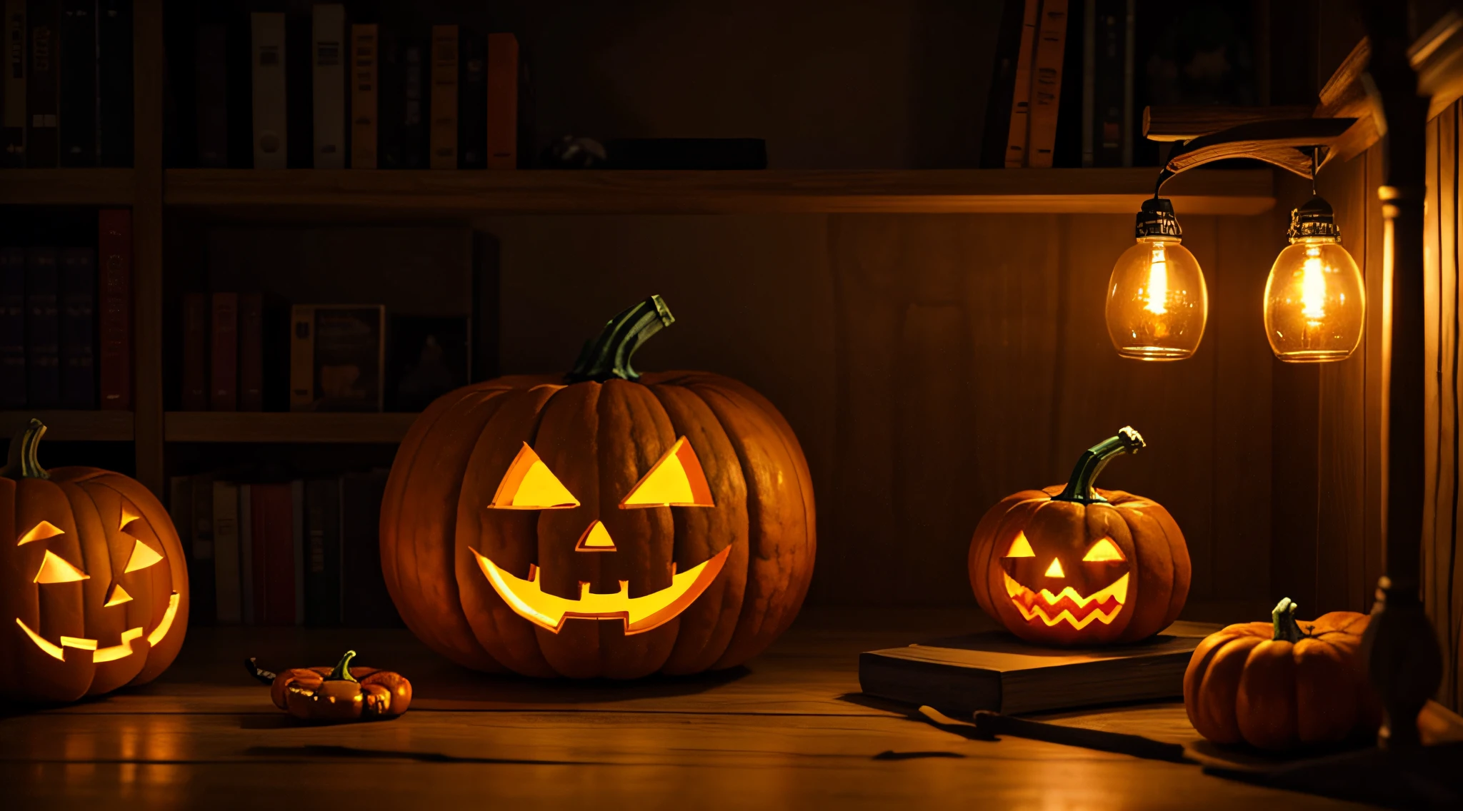 Halloween scene, pumpkin on bookshelf, night, woodwork