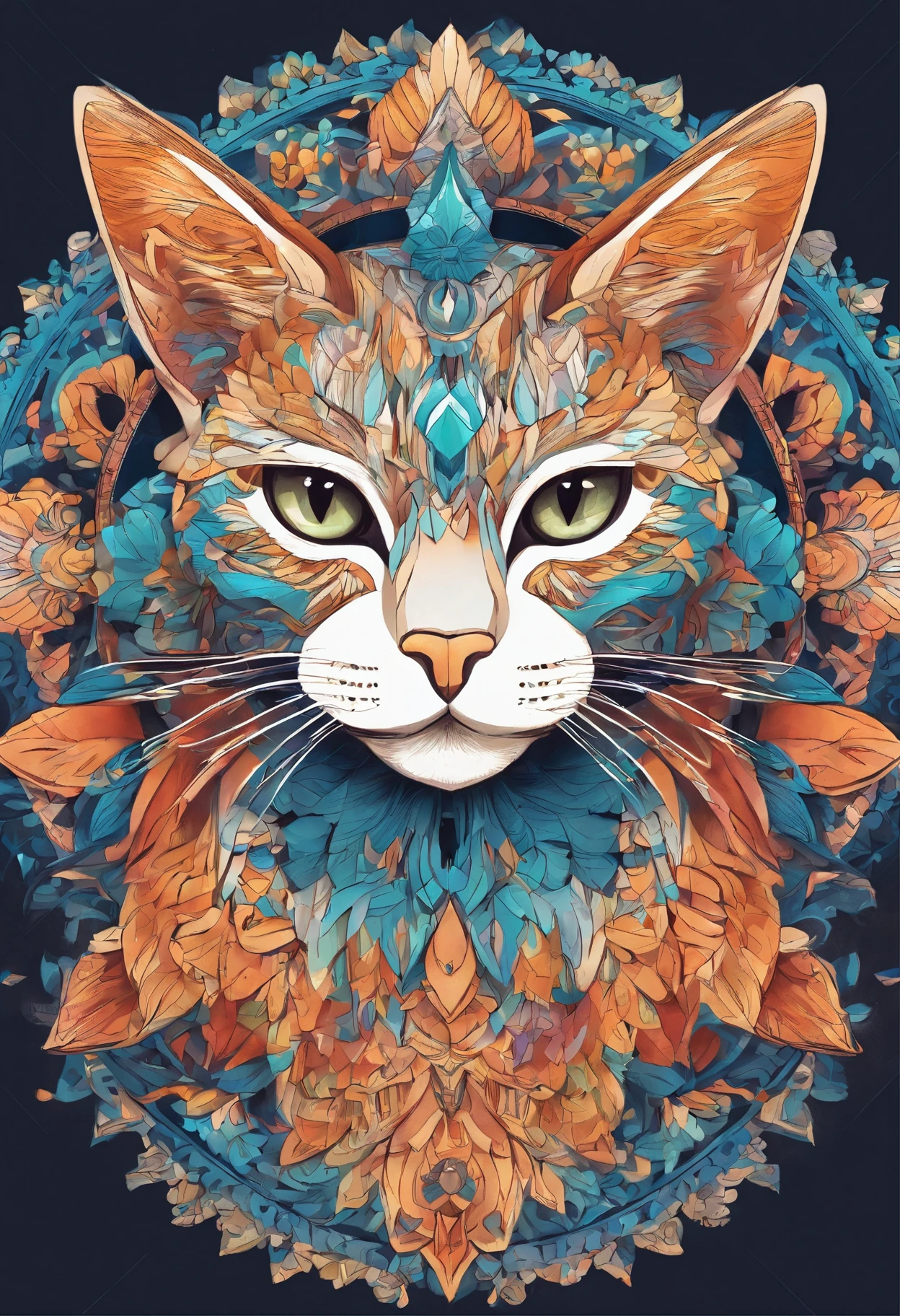 vibrant color drawing of a simple cute Cat based mandala