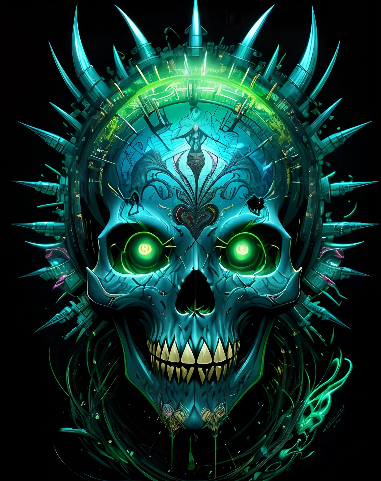 A closeup of a skull with green eyes and a spiked head, fantasy skull, detailed glowing head, arte psytrance, sacred skull, skull design for a rock band, Dan Mumford e Alex Grey Estilo, alien skull, fractal thunder dan mumford, Estilo de Jeff Soto, skull like, arte digital aetherpunk airbrush, arte detalhada da capa