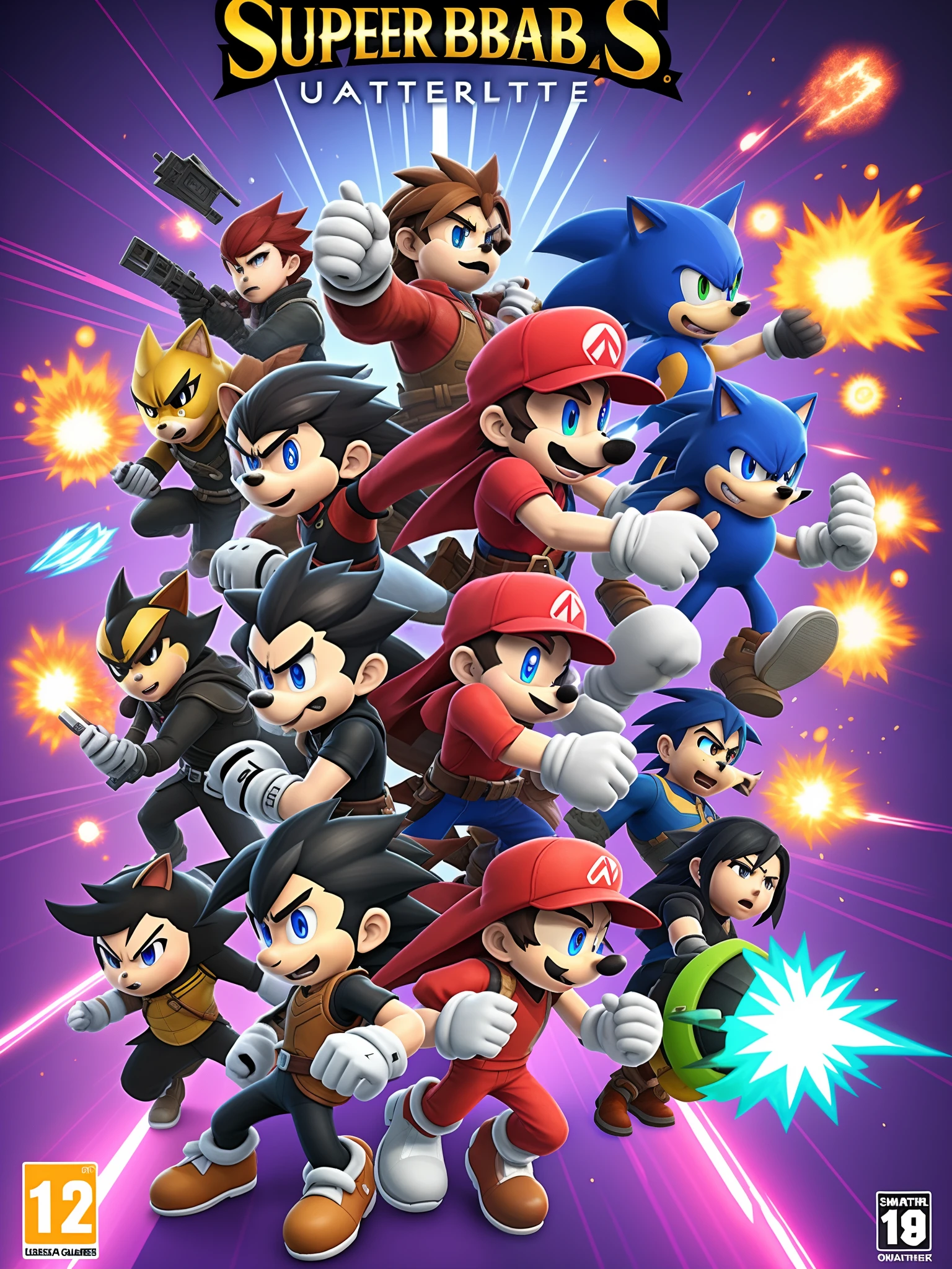A Super Smash Bros Ultimate game cover featuring Shadow The Hedgehog from Sonic The Hedgehog, characters from Overwatch,Roblox avatars,and Johnny Cage from Mortal Kombat 1