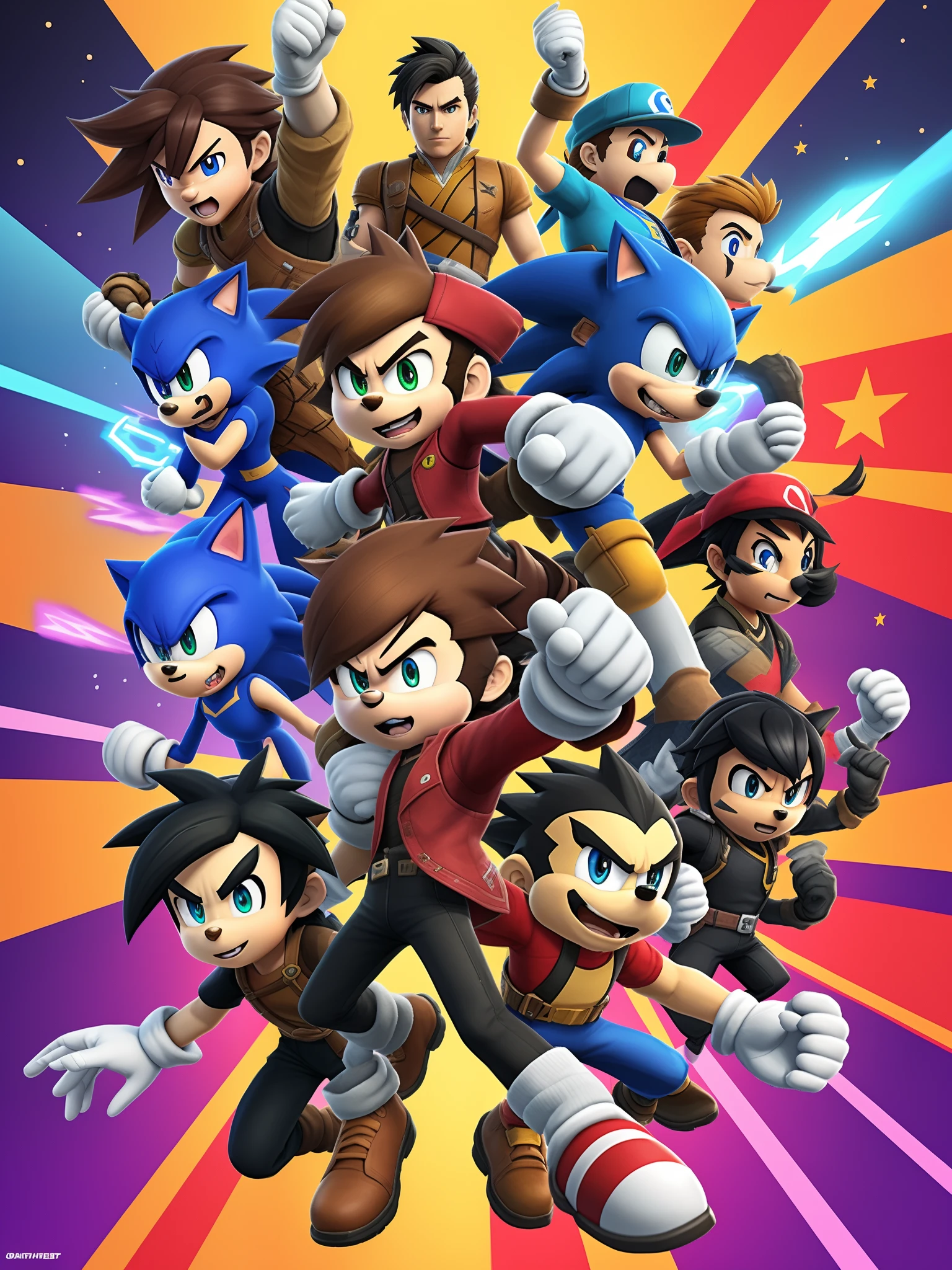 A Super Smash Bros Ultimate game cover featuring Shadow The Hedgehog from Sonic The Hedgehog, characters from Overwatch,Roblox avatars,and Johnny Cage from Mortal Kombat 1