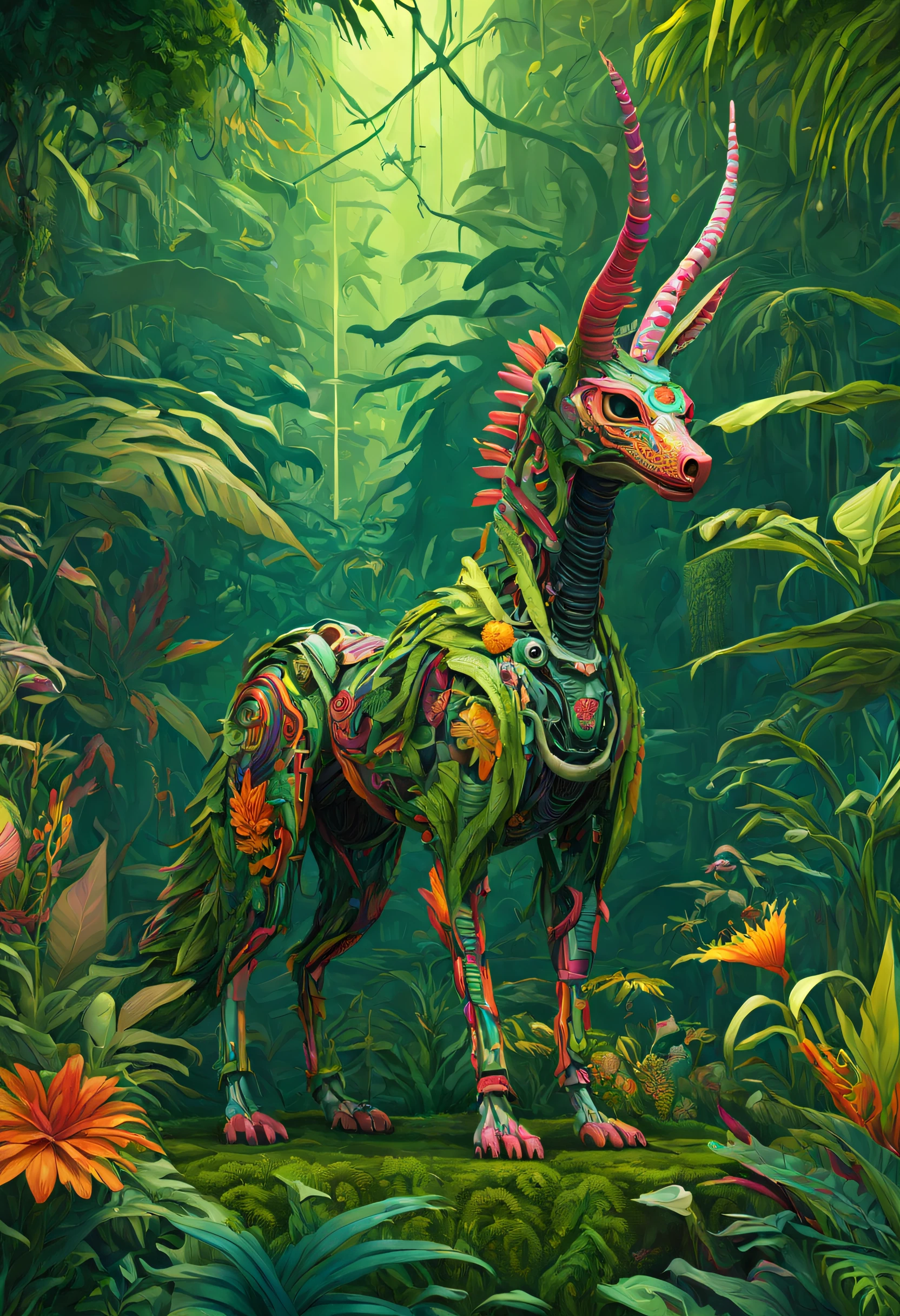 future where genetic engineering incorporates living organisms into their art pieces, covered by fauna, flora. alebrije, masterpiece, UHD, axonometric view, jungle. cyberpunk