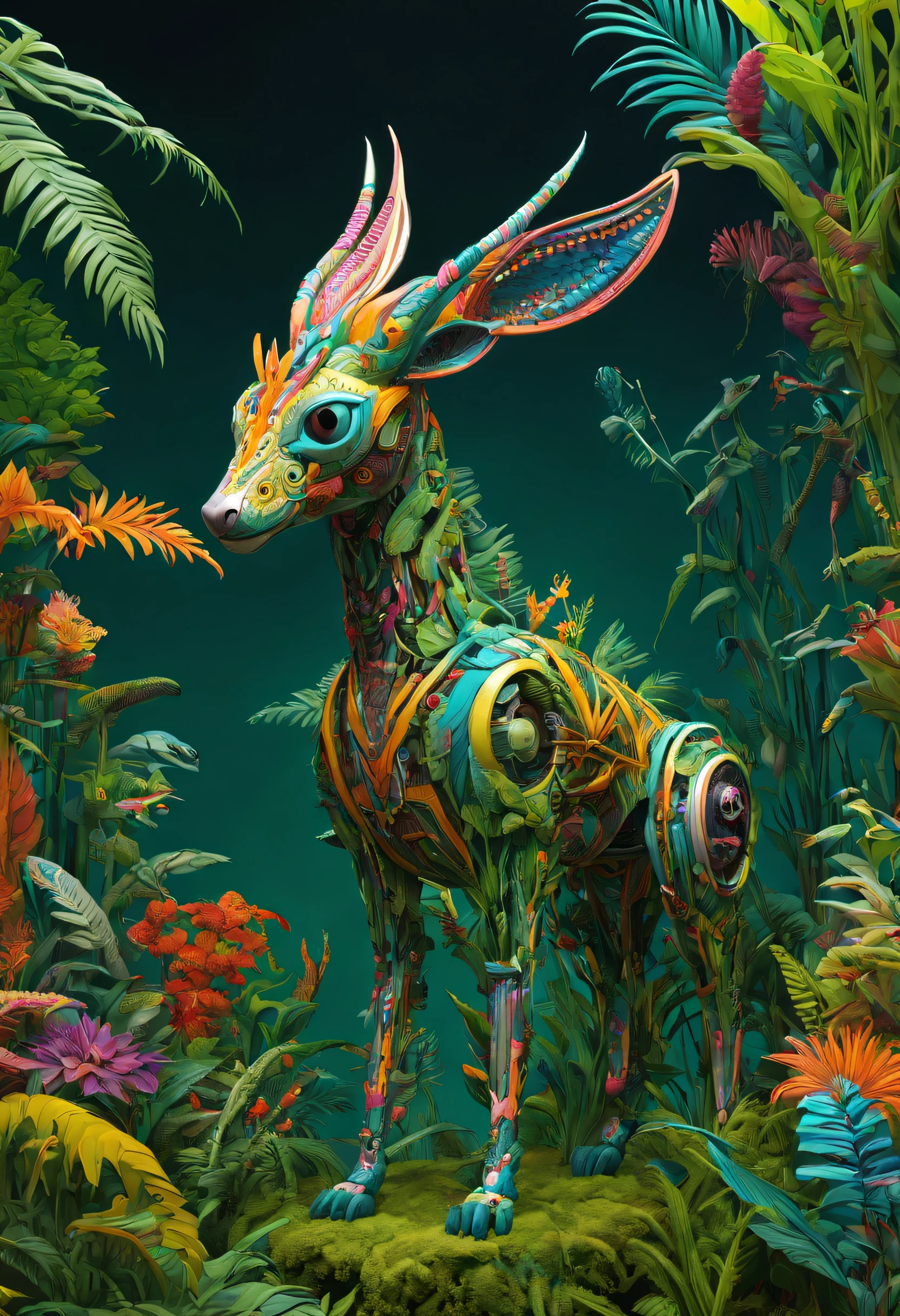 future where genetic engineering incorporates living organisms into their art pieces, covered by fauna, flora. alebrije, masterpiece, UHD, axonometric view, jungle. cyberpunk