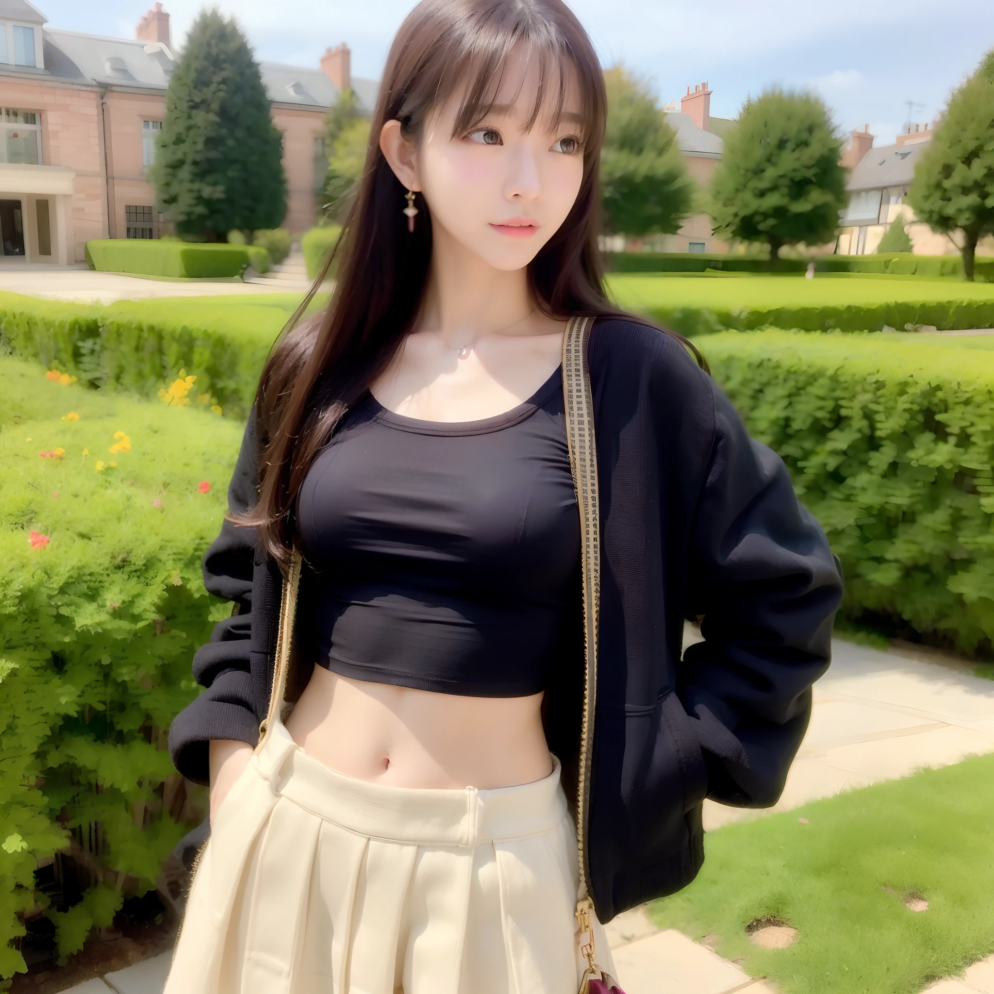 1girl walking on the garden, mix4, solo, tight crop top, (black crop top:1.1), fur trimmed jacket, (brown jacket:1.2), mini skirt, armpit, realistic, necklace, earrings, solo, holding a women bag, handbag,(masterpiece),(photorealistic:1.3), ultra-detailed, (high detailed skin:1.2),(best quality:1.0), (ultra highres:1.0), long hair, blush, (soft glow bloom:0.5)