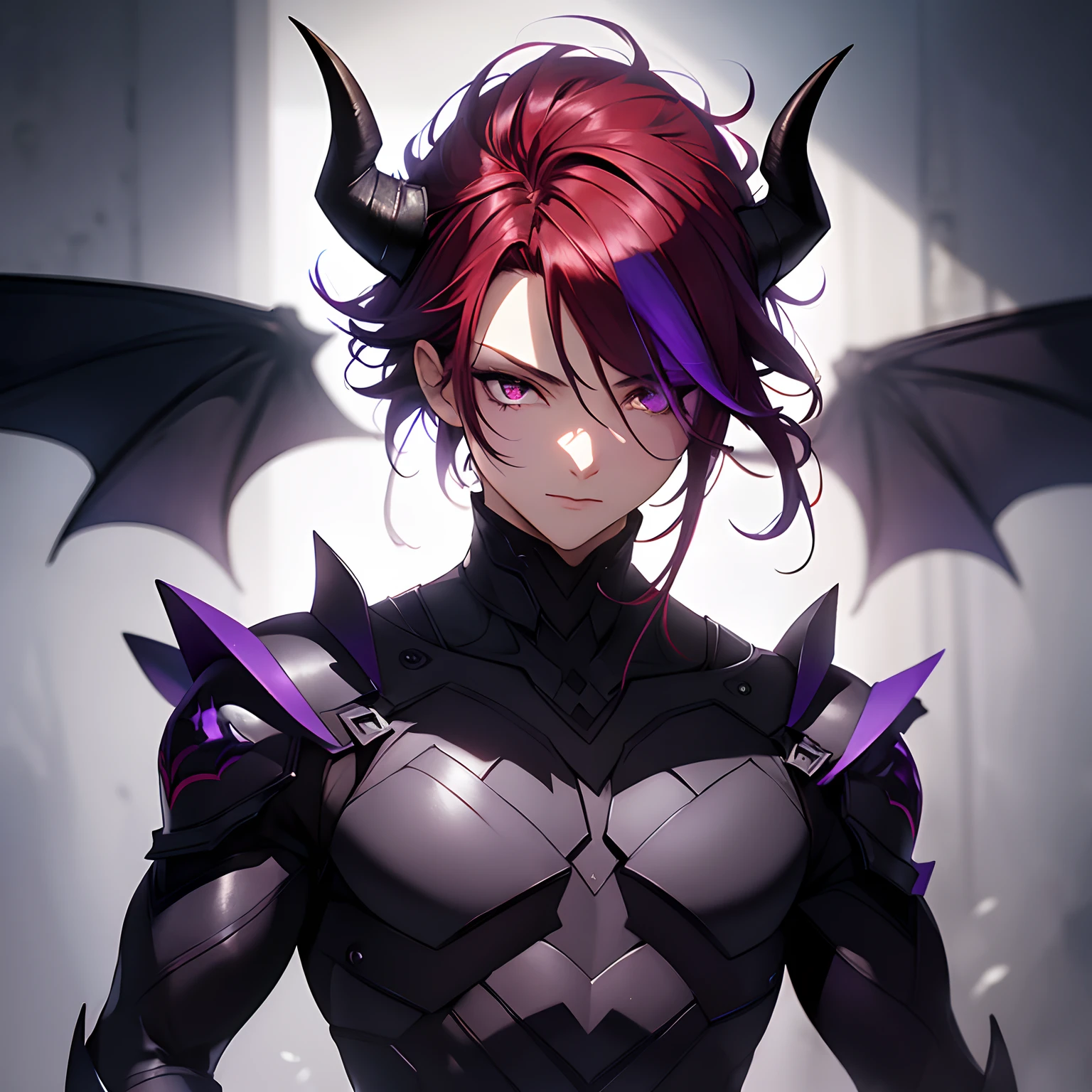 (shadows),(dark mist background),(purple mist),(masterpiece), (work of art), (amazing work), (detailed eyes), (delicate skin), (red eyes), (multicolored), (red hair ), (sparkling eyes), (1man),best quality, full body, expressive eyes, perfect face,shadow armor, muscular, hot, Man,thin, shadow bat wings, horns,dark, shadows, warrior, charging, wrapped in shadows
