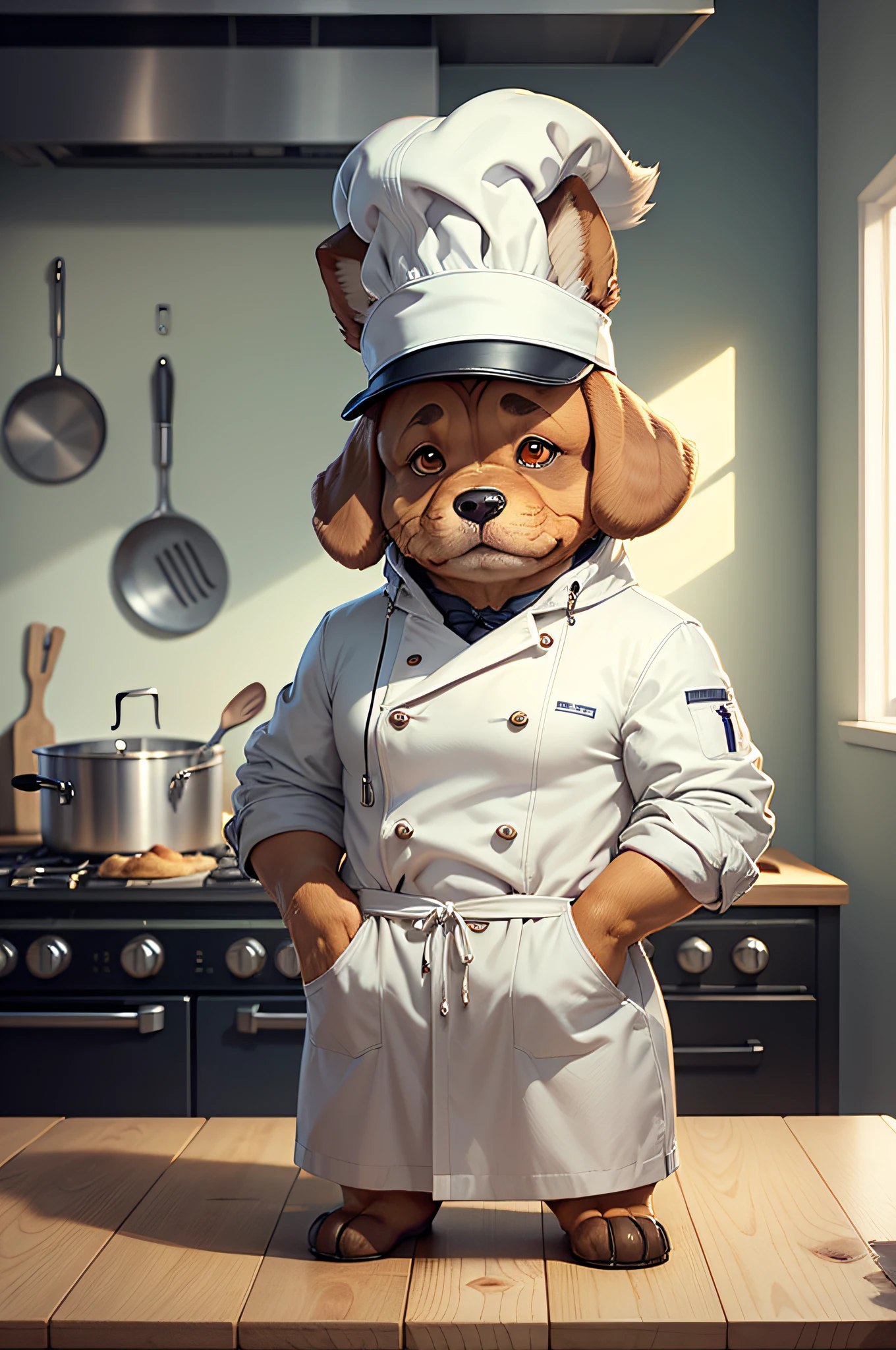 C4tt4stic,Cartoon in cooking of a French chef、Anthropomorphic dachshund dog(Saggy ears、Chef hat、White workwear)