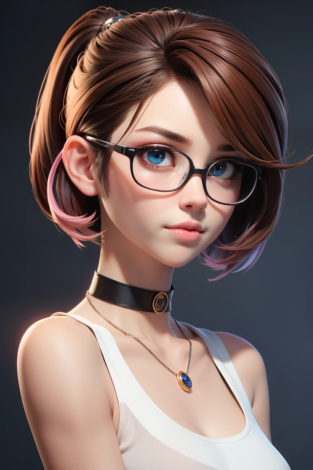 （Wear sunglasses1.2），tmasterpiece, best qualityer, 。.。.3d rending work, 。.。.3DMM style, Close-up, sportrait, 。.。.3D, 1girll, Solo, Brunette hair tied up, choker necklace, freckle, jewely, two tone color hair, looking off to the side, realisticlying, The upper part of the body, Simple background and white, rim, looks away, short  hair, separated-lips, greene eyes,gotik, choker necklace, putting makeup on,