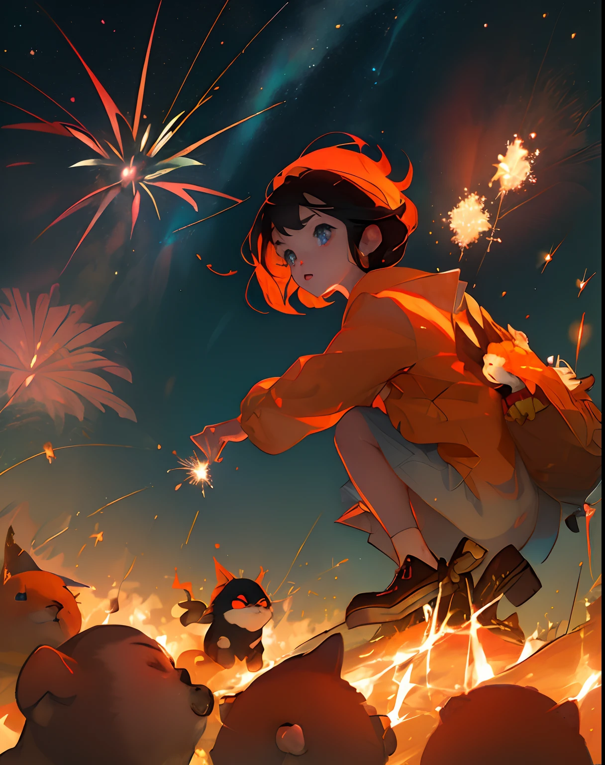 Animal made of fire,cute,sparkler,fireworks, shooting star,small animal,calcifer