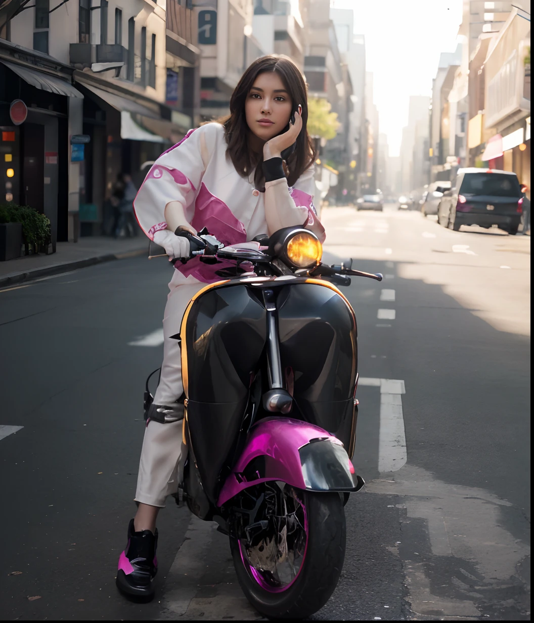 Highest image quality, outstanding details, ultra-high resolution, (realism: 1.4), the best illustration, favor details, highly condensed 1girl, with a delicate and beautiful face, dressed in a black and fuschia mecha, holding a directional controller, riding on a motorcycle, the background is a high-tech lighting scene of the future city.