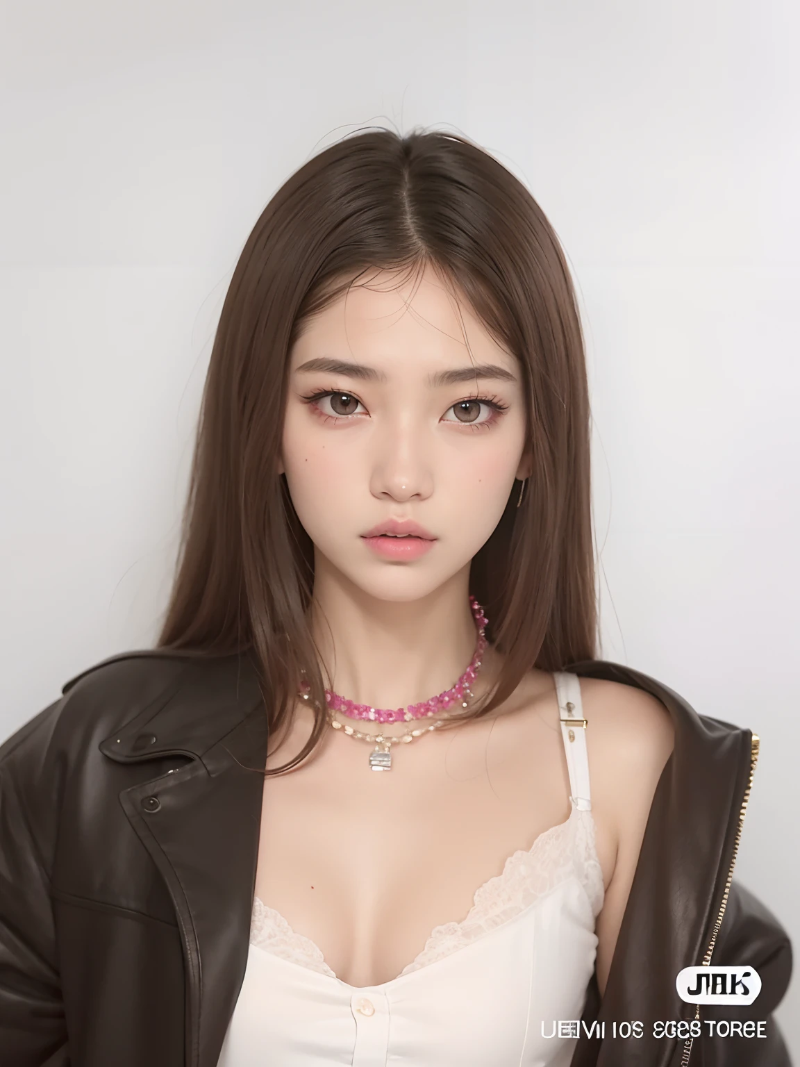 Mujer arafed con un collar y una chaqueta de cuero posando para una foto, Foto de Slim Girl Model, Retrato de Jossi de Blackpink, usando gargantilla, ulzzang, Jinyoung Shin, Jossi de Blackpink, Taejune Kim, Modelo de cara perfecta, con cabello largo y ojos penetrantes, 19 year old girl