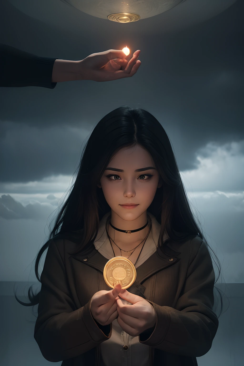 A woman is hypnotized by a coin held between a man's finger and thumb. The woman gazes at the coin, comes within a few inches, mesmerized, hypnotized, entranced, fog, cloudy atmosphere, subtle grin, happy and warm, bliss