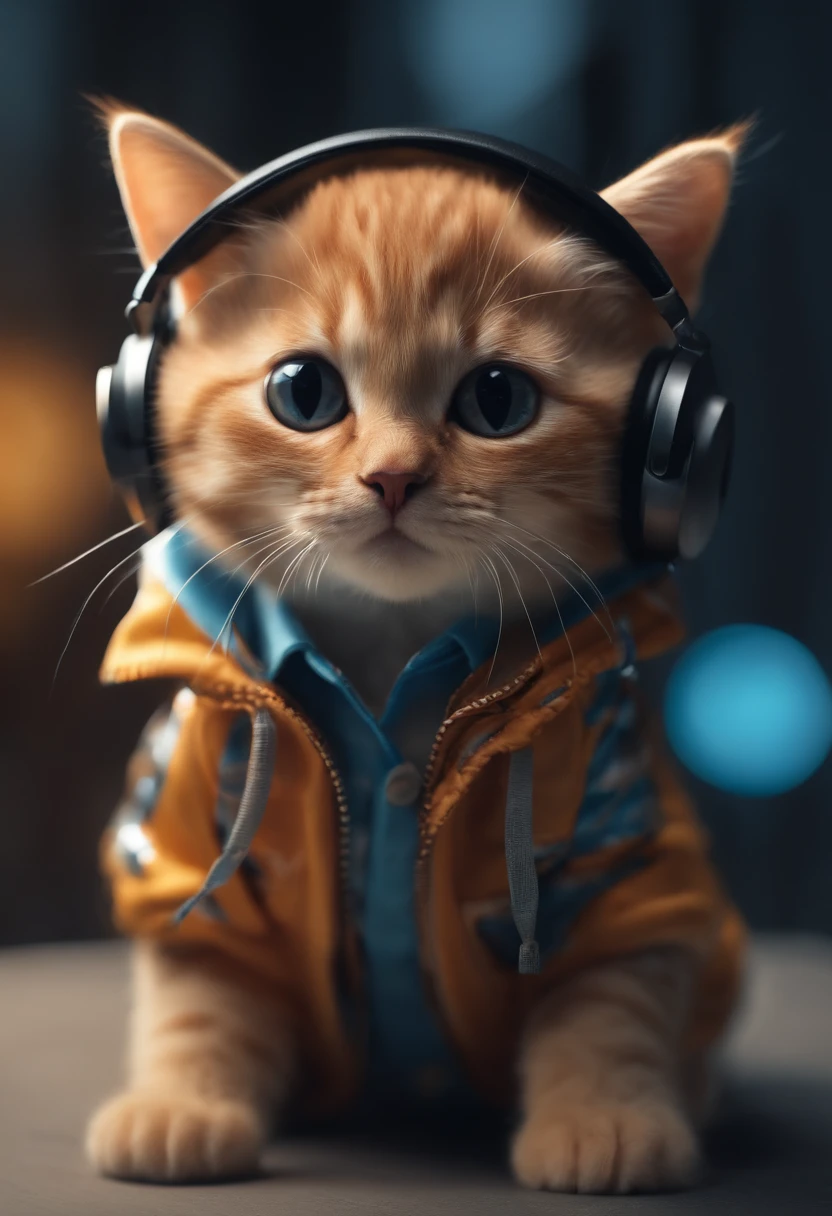 Perfect centering, cute little cat, Wear a jacket, Wearing sunglasses, Wearing headphones, cheerfulness, Standing position, Abstract beauty, Centered, Looking at the camera, Facing the camera, nearing perfection, Dynamic, Highly detailed, smooth, Sharp focus, 8K