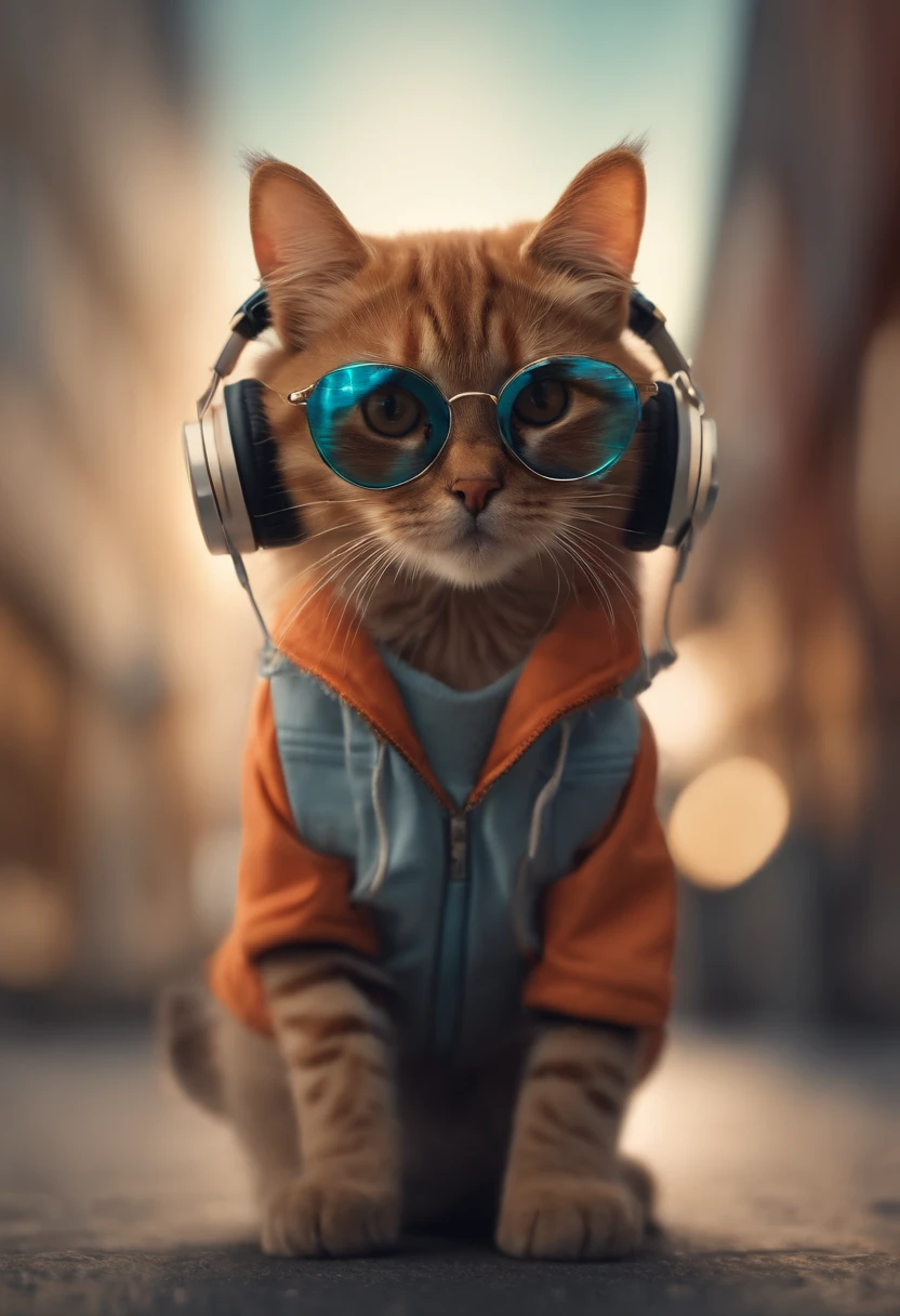 Perfect centering, cute little cat, Wear a jacket, Wearing sunglasses, Wearing headphones, cheerfulness, Standing position, Abstract beauty, Centered, Looking at the camera, Facing the camera, nearing perfection, Dynamic, Highly detailed, smooth, Sharp focus, 8K