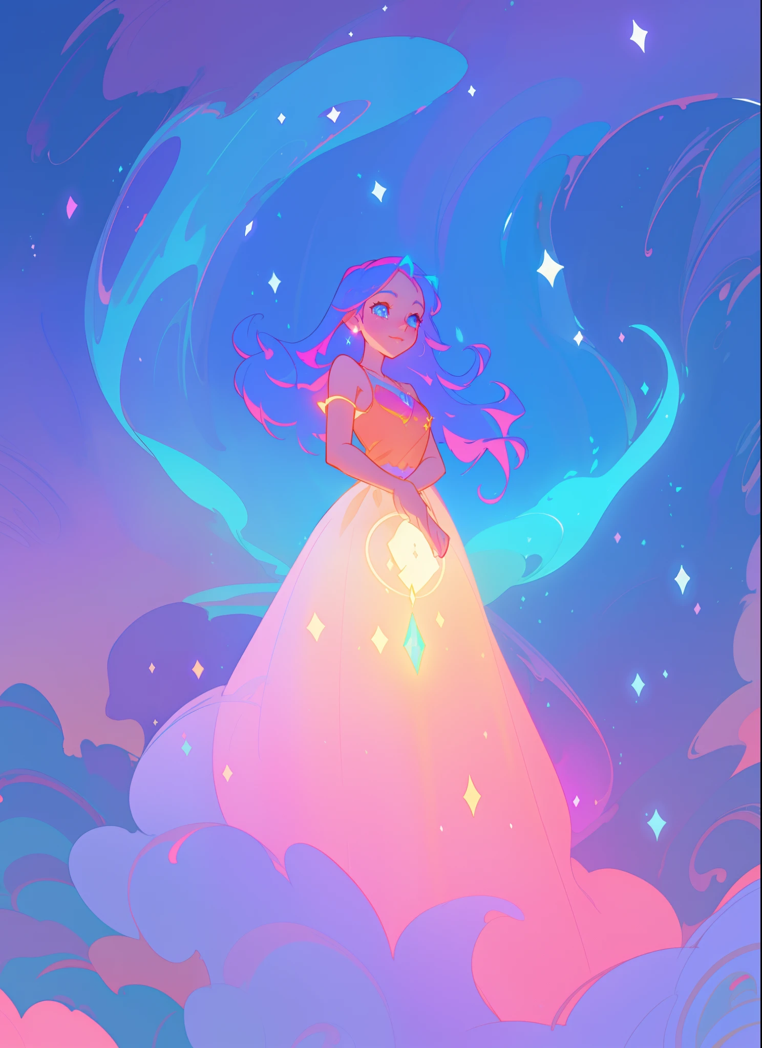 beautiful girl in flowing ballgown, otherworldly landscape background, magical circle of blue light, vibrant pastel colors, (colorful), magical lights, sparkling lines of light, inspired by Glen Keane, inspired by Lois van Baarle, disney art style, by Lois van Baarle, glowing aura around her, by Glen Keane, jen bartel, glowing lights! digital painting, flowing glowing hair, glowing flowing hair, beautiful digital illustration, fantasia background, whimsical, magical, fantasy, beautiful face, ((masterpiece, best quality)), intricate details, highly detailed, sharp focus, 8k resolution, sparkling detailed eyes, liquid watercolor