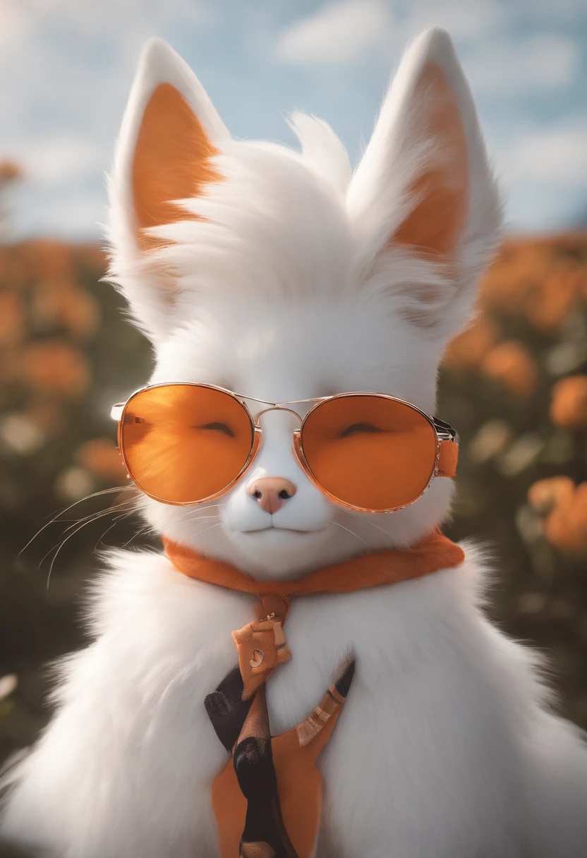 Orange and white Avali Fursona four sensitive ears fluffy body snout black glasses nfws
