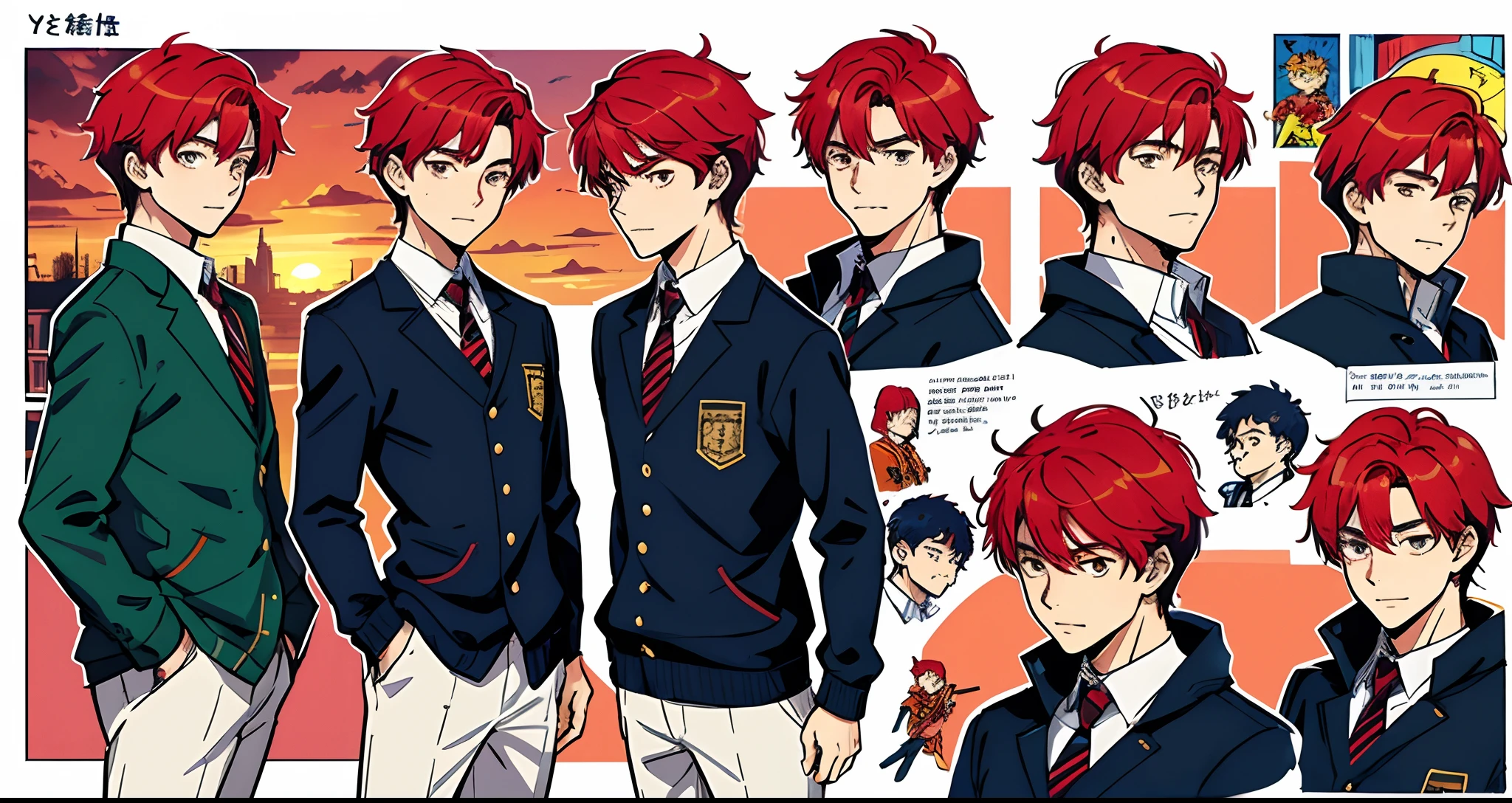 a high boy at the school, looking at the sunset, full body, drawing a face in maximum quality, high-quality drawing of the face, character sheet, illustration for book, youngs book, red hair, comics stylish