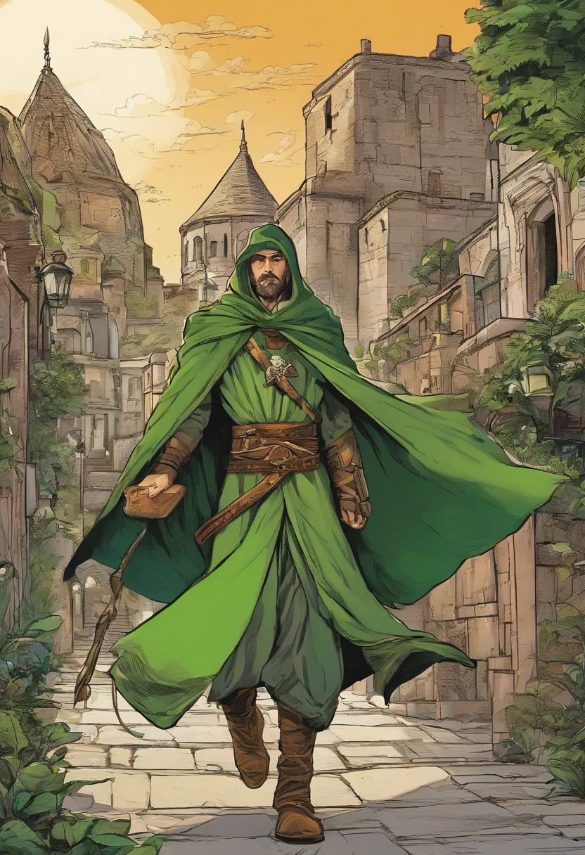 elfa, andando nas ruas medievais de uma cidade movimentada, com um capuz e capa verdes, apreensiva, parecendo estar sendo perseguida