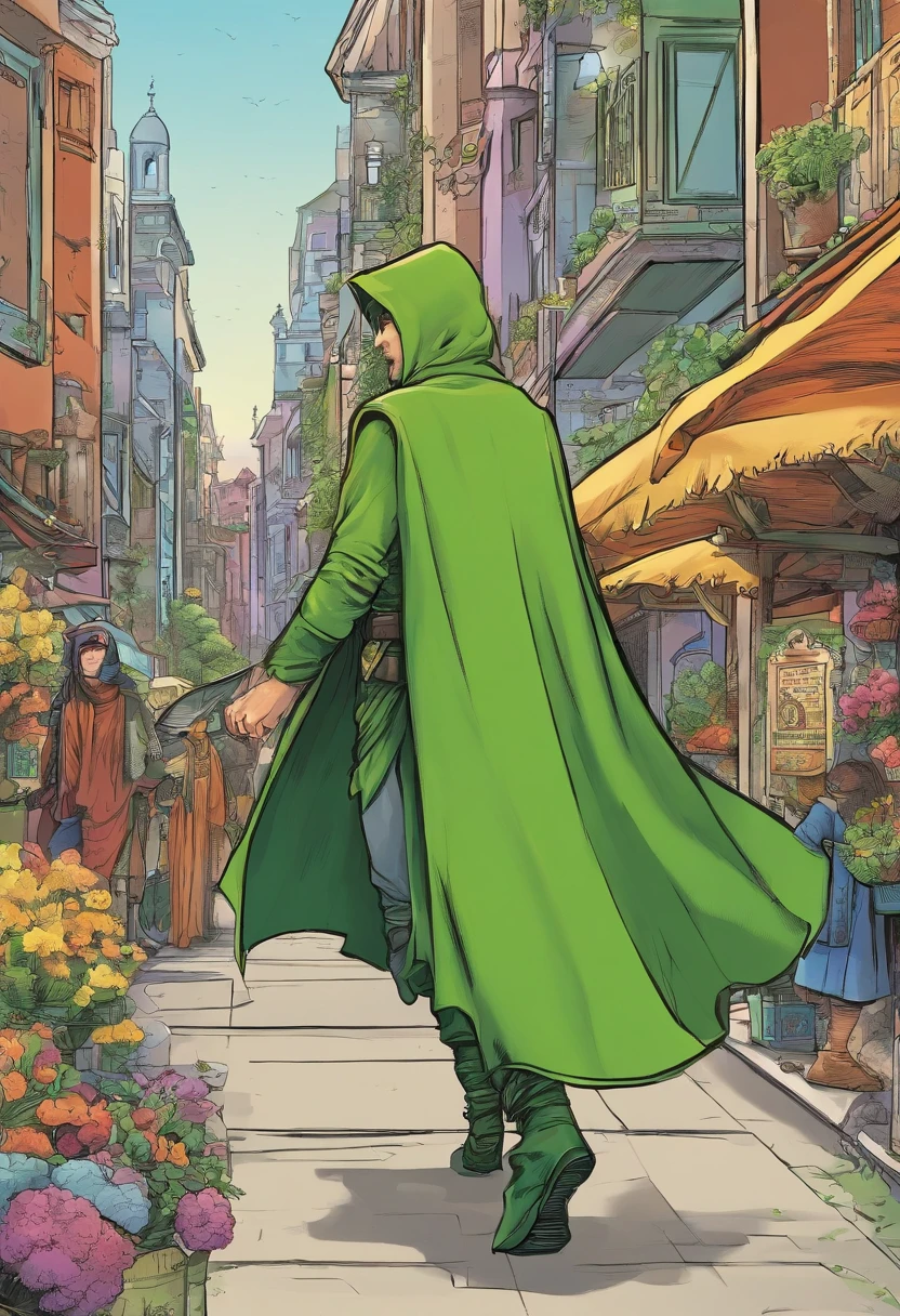 elfa, andando nas ruas medievais de uma cidade movimentada, com um capuz e capa verdes, apreensiva, parecendo estar sendo perseguida