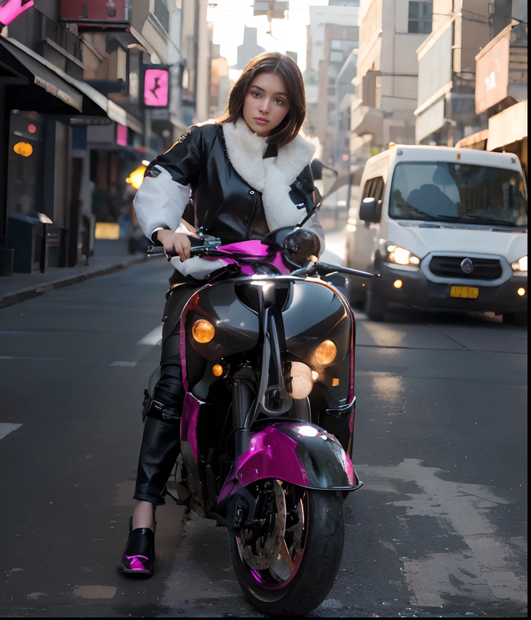 Highest image quality, outstanding details, ultra-high resolution, (realism: 1.4), the best illustration, favor details, highly condensed 1girl, with a delicate and beautiful face, dressed in a black and fuschia mecha, holding a directional controller, riding on a motorcycle, the background is a high-tech lighting scene of the future city.