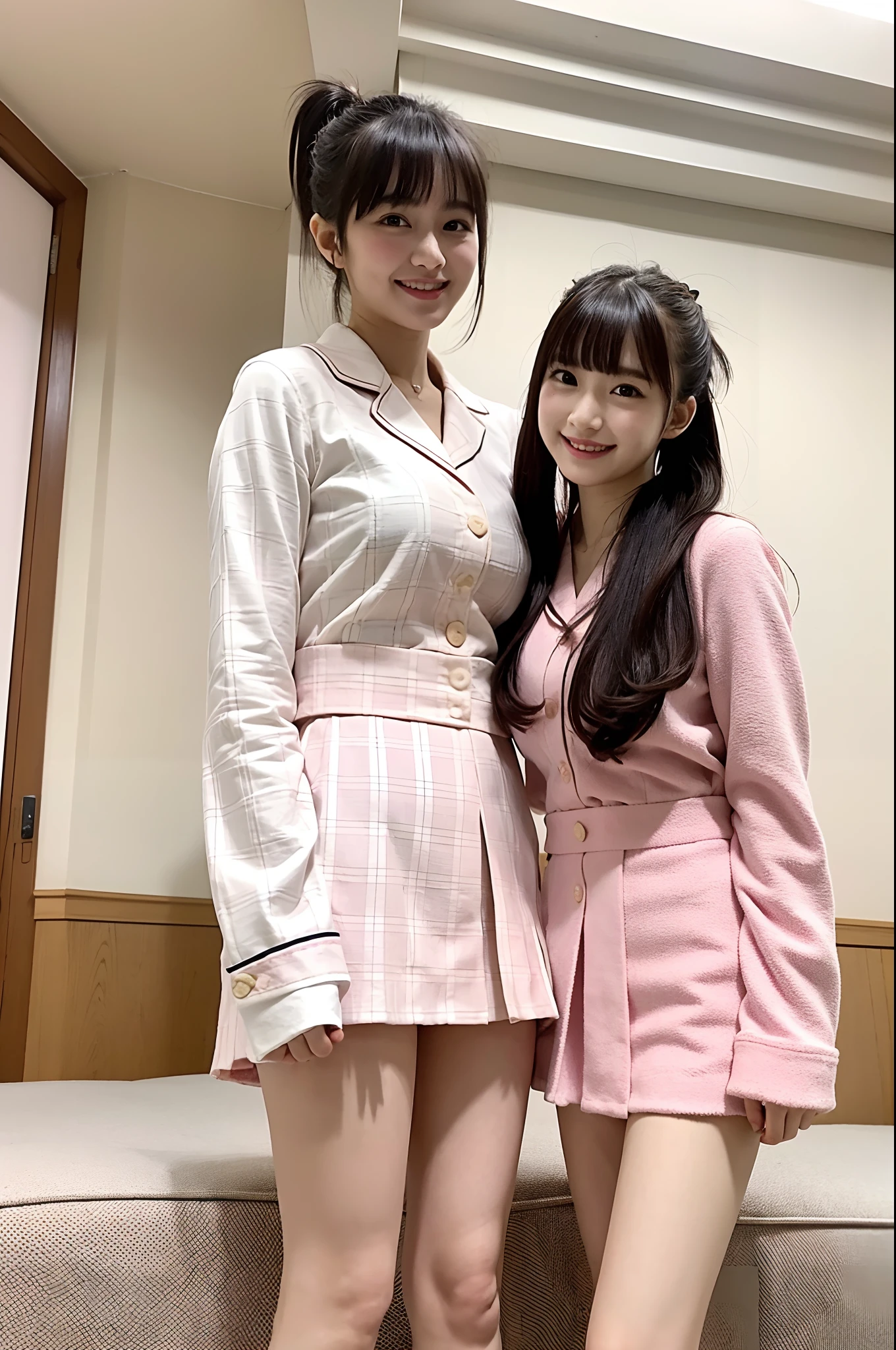 2 girls standing in large Japanese-style room with white futon,no maked up,long-sleeved pail pink plaid pajamas top,pale pink pleated skirt,18-year-old,bangs,a little smiles,thighs,crotch,knees,low ponytail,from below