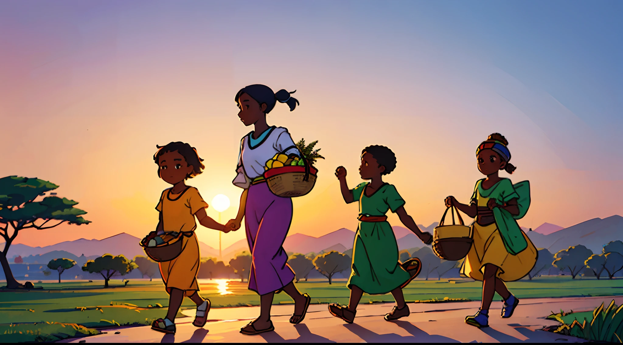 African  art, women  and children walking home carrying baskets, African traditional clothes, domestic animals, pottery, basketry, abstract drawing, African art background style, in style of Kelvin Malack, wide environmental view, beautiful sunset