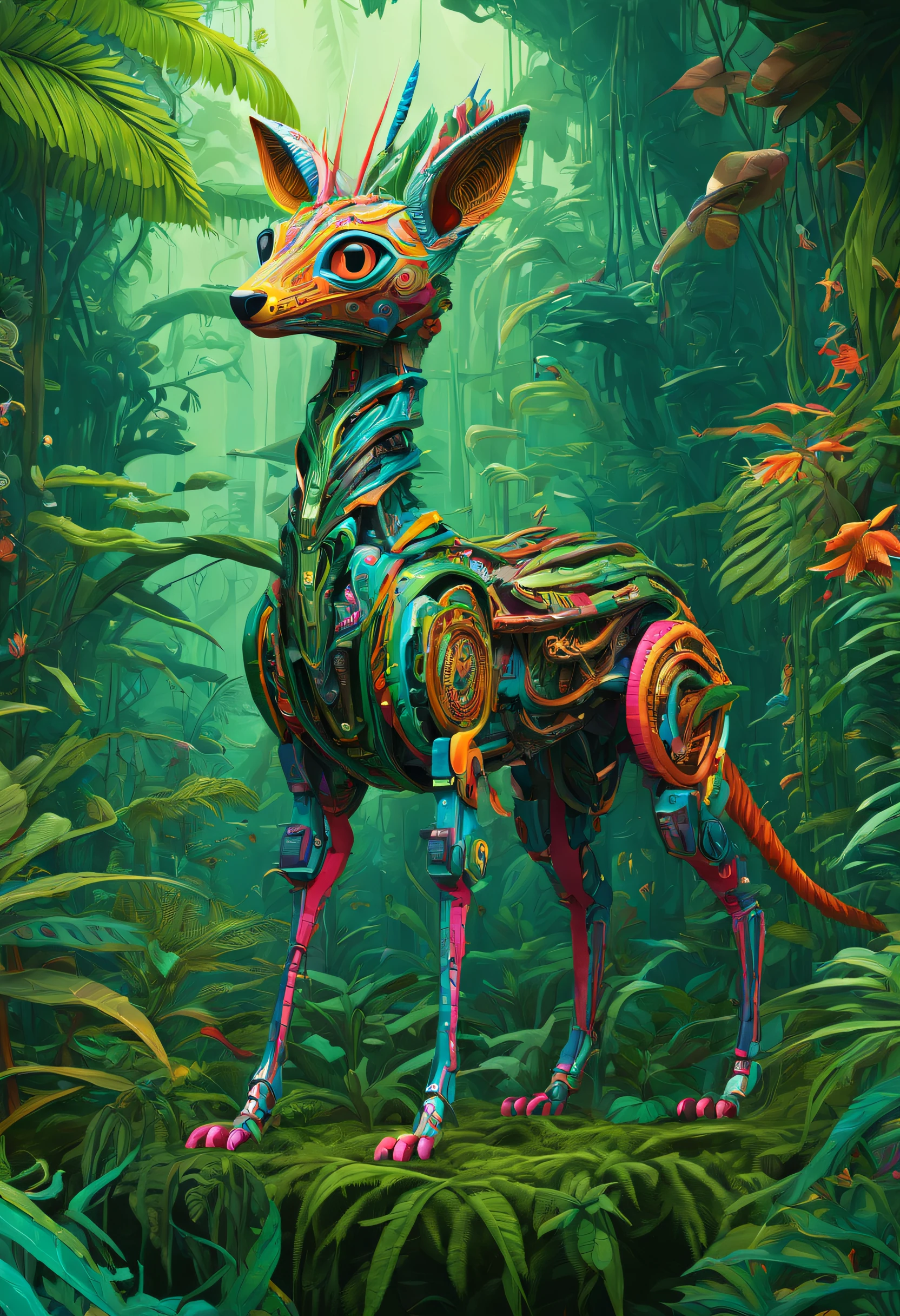 Future genetic engineering will incorporate living organisms into its work of art, Covered by fauna, flora. Alebrije, Masterpiece, hyper HD, Axonometric view, jungles. Cyberpunk