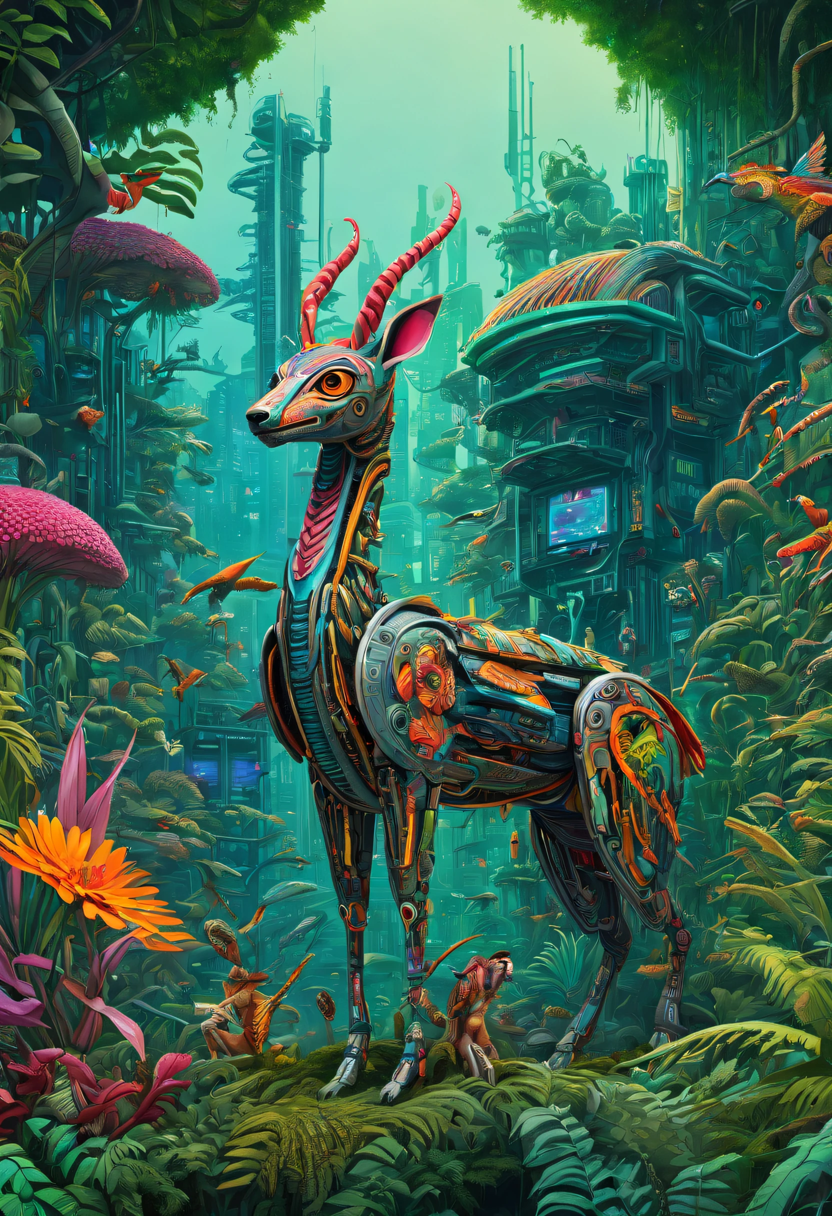 Future genetic engineering will incorporate living organisms into its work of art, Covered by fauna, flora. Alebrije, Masterpiece, hyper HD, Axonometric view, jungles. Cyberpunk