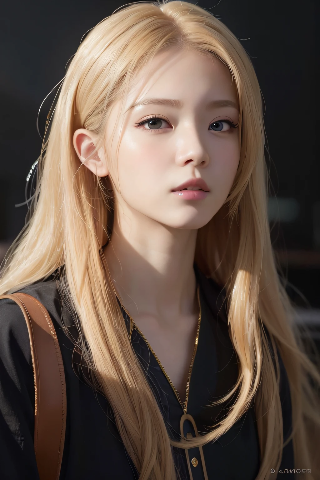 a woman with long blonde hair and a black shirt, a girl with blonde hair, realistic. cheng yi, realistic young anime girl, korean girl, cute natural anime face, long blonde hair and big eyes, ilya kuvshinov with long hair, beautiful south korean woman, beautiful anime portrait, beautiful aesthetic face, lovely delicate face, long blonde hair and large eyes
