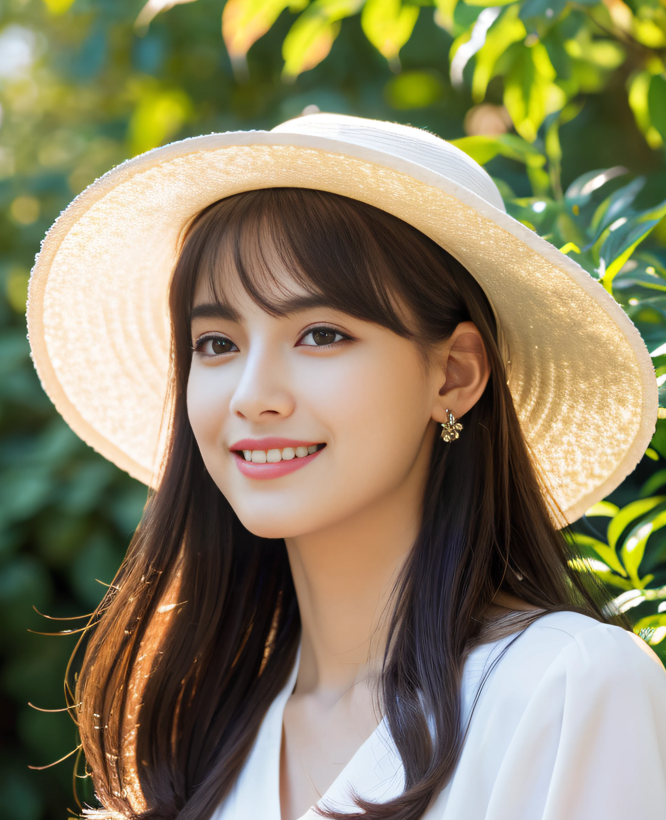 ((Masterpiece)), 8k, Masterpiece, Best Quality, 1 Girl, Solo, Realistic, Garden, Photorealistic, Super Detailed, Detailed Background, (Solo:1.4), Portrait is in the Center, Super High Resolution full body shot ((no hands)) Front facing sunlight, happy expression, slender figure, realistic, highly detailed hair, intricate details, masterpiece, best quality, standing, cityscape, outdoor, (white hat: 1.2), (big hat: 1.2), sitting, white chair, white table, tea set on the table, white tea cup, (garden), dynamic light, quiet, calm , smiling, side view, profile, looking viewer, earrings, long straight black hair, asymmetrical bangs, pretty baby bangs, small breasts, flat chest, natural breasts, half hair, ultra high resolution background , Grab a Tea Cup (Detailed Eyes), (Detailed Facial Features), (Detailed Clothes Features), (Ultra High Resolution),