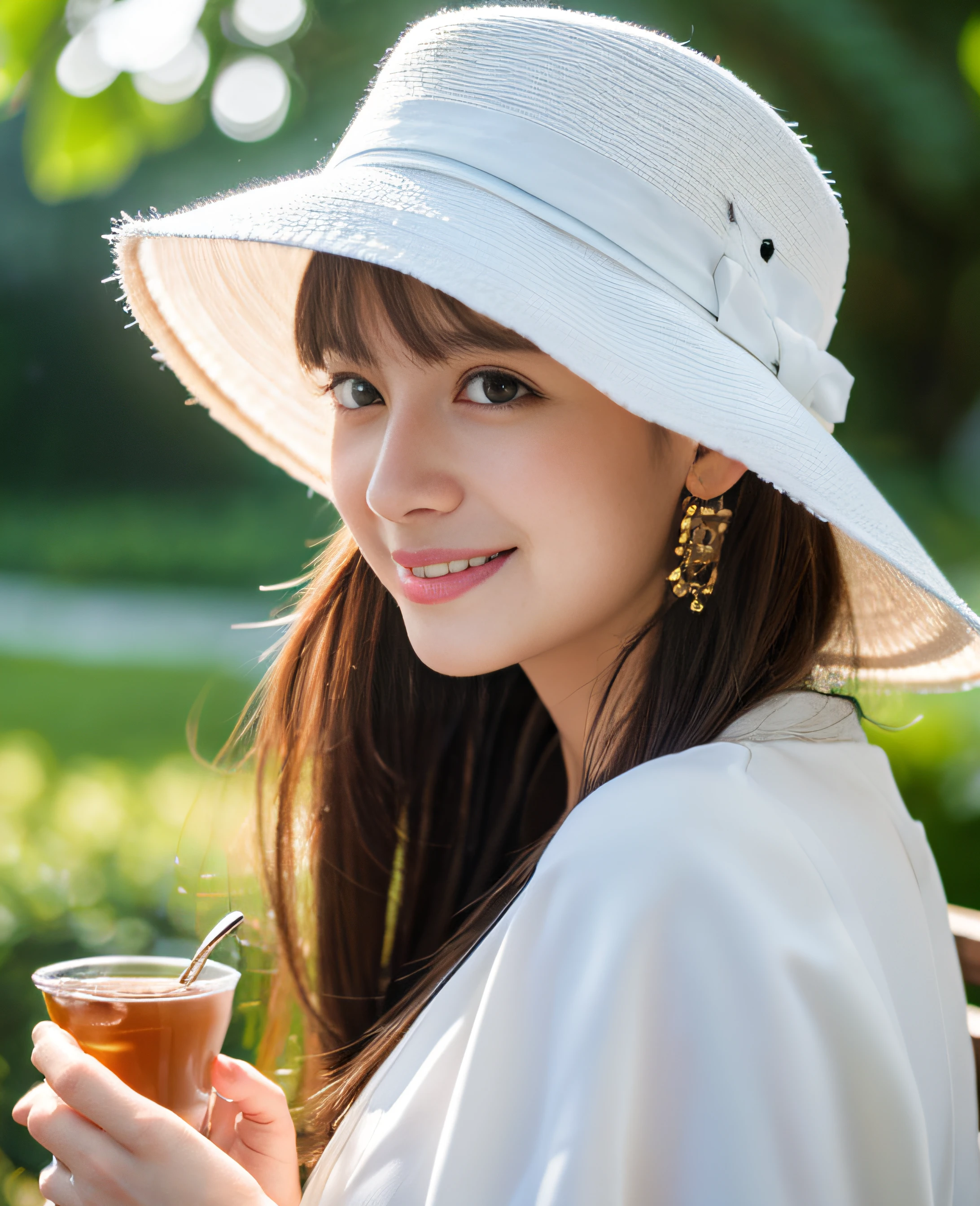 ((Masterpiece)), 8k, Masterpiece, Best Quality, 1 Girl, Solo, Realistic, Garden, Photorealistic, Super Detailed, Detailed Background, (Solo:1.4), Portrait is in the Center, Super High Resolution full body shot ((no hands)) Front facing sunlight, happy expression, slender figure, realistic, highly detailed hair, intricate details, masterpiece, best quality, standing, cityscape, outdoor, (white hat: 1.2), (big hat: 1.2), sitting, white chair, white table, tea set on the table, white tea cup, (garden), dynamic light, quiet, calm , smiling, side view, profile, looking viewer, earrings, long straight black hair, asymmetrical bangs, pretty baby bangs, small breasts, flat chest, natural breasts, half hair, ultra high resolution background , Grab a Tea Cup (Detailed Eyes), (Detailed Facial Features), (Detailed Clothes Features), (Ultra High Resolution),