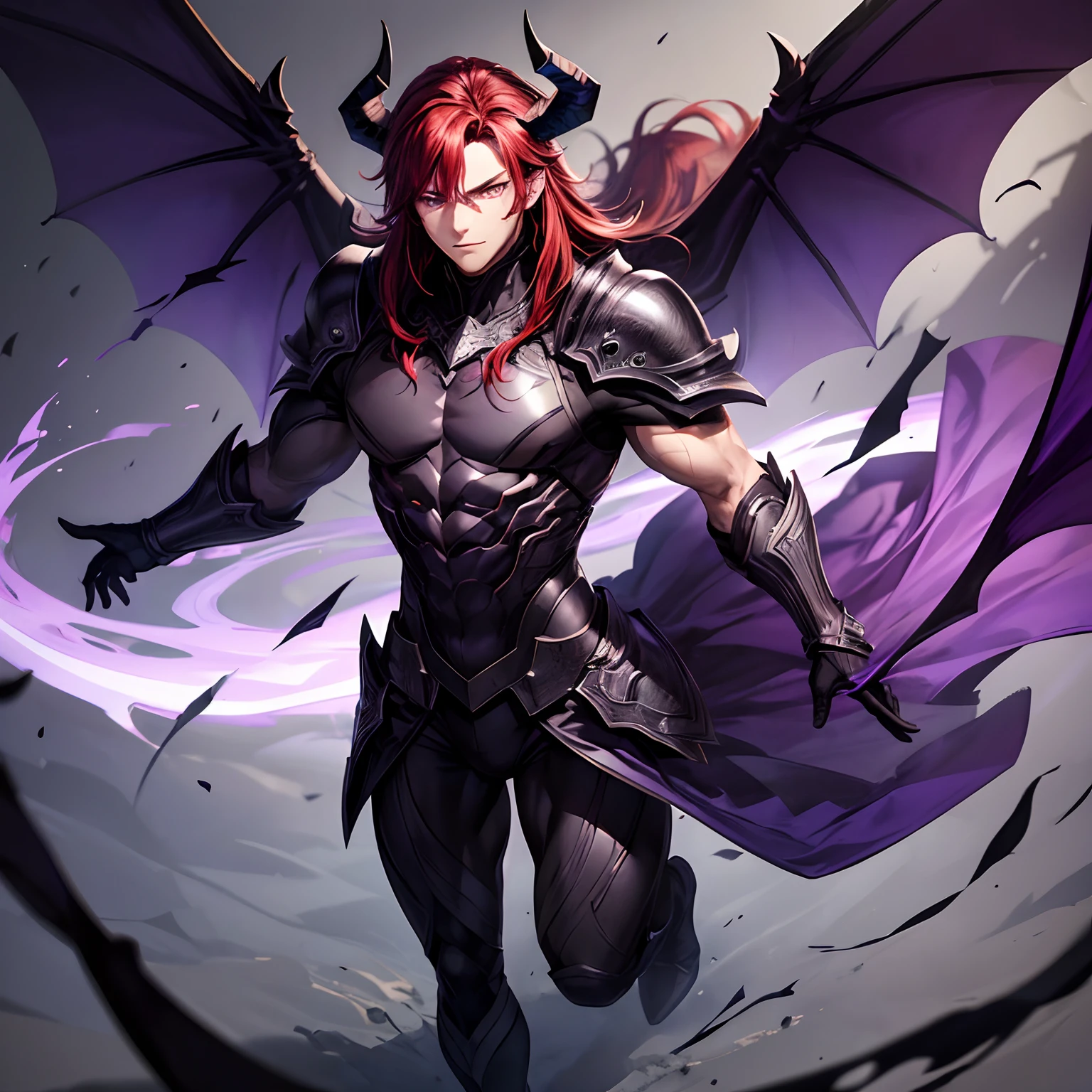 (shadows),(dark mist background),(purple mist),(masterpiece), (work of art), (amazing work), (detailed eyes), (red eyes), (multicolored), (red hair ), (sparkling eyes), (1man),best quality, full body, expressive eyes, perfect face,shadow armor, muscular, hot, Man,thin, shadow bat wings, horns,dark, shadows, warrior, charging, wrapped in shadows